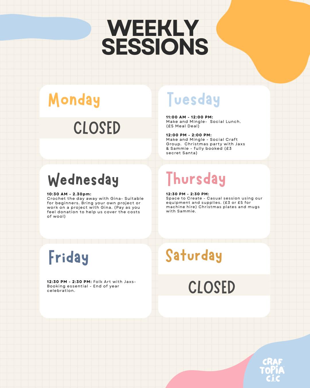 Our LAST schedule before we break up for Christmas. 🧑🏼🎨👩🏼🎨
Comment below and let us know if you’re coming? 💖
Sammie x