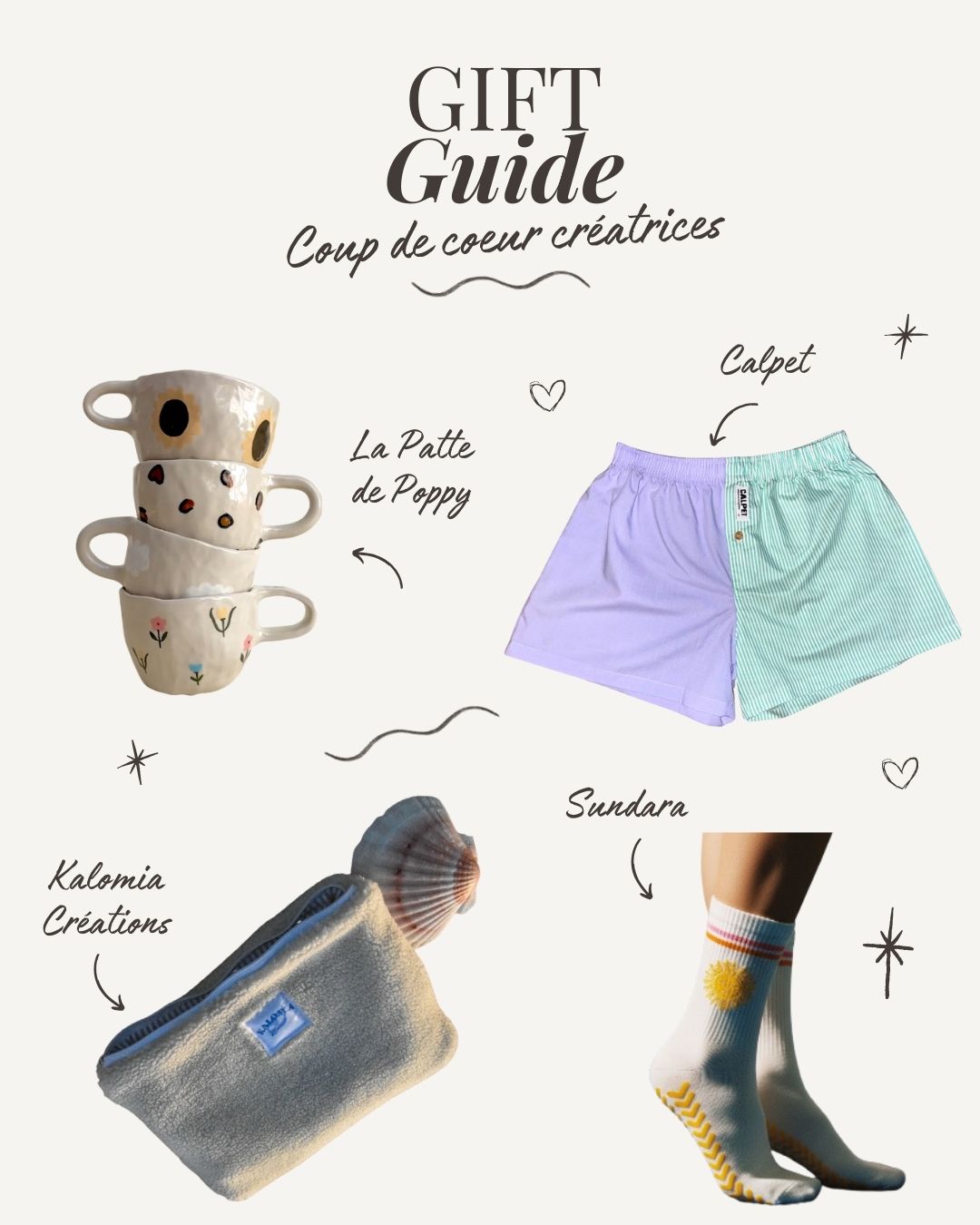 ✨ Gift Guide spécial Créatrices
Pour Noël, j’avais envie de mettre en lumière des créatrices que j’adore, qui imaginent et fabriquent à la main — ou de manière éthique — des pièces uniques et pleines de caractère 🤍
Alors si vous cherchez (encore) des idées cadeaux originales et responsables, voici mes 4 coups de cœur :
🧦 @sundara_fr – Des chaussettes antidérapantes solaires et stylées pour le yoga & le pilates
🧵 @kalomiacreations – Des accessoires aux couleurs de l’océan, cousus main sur la côte basque
🩳 @calpet.fr – Des caleçons upcyclés, confortables et pleins de caractère
🫶 @lapattedepoppy – Des céramiques poétiques faites à la main à Paris