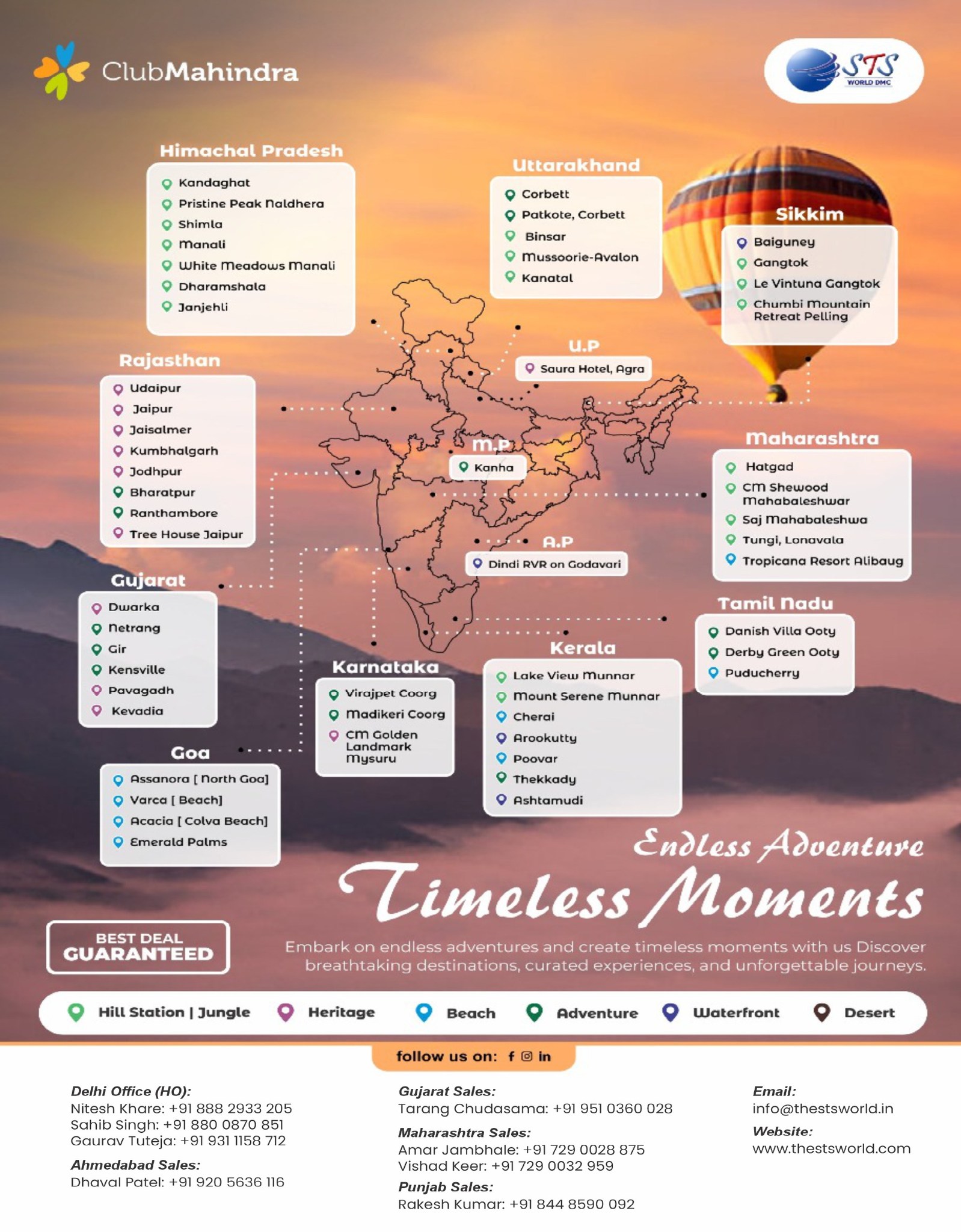 Explore India’s most beautiful escapes with Club Mahindra and STS World DMC—hill stations, jungles, beaches, deserts, and heritage cities, all in one map of unforgettable stays. 🌄🏝️
From snow-clad Himachal and serene Uttarakhand to royal Rajasthan, tropical Kerala, breezy Goa, and beyond, discover curated resorts and experiences designed to create truly timeless moments.
For bookings and details:
🌐 www.thestsworld.com
✉️ info@thestsworld.in
.
--CALL NOW!--
Delhi Office (HO):
Nitesh Khare: +91 888 2933 205
Gaurav Tuteja: +91 931 1158 712
Sahib Singh - +91 880 0870 851
Maharashtra sales:
Amar Jambhale: +91 7290028875
Vishad Keer: +91 729 0032 959
Gujarat Sales:
Tarang Chudasama: +91 951 0360 028
Ahmedabad Sales:
Dhaval Patel: +91 920 5636 116
Punjab Sales:
Rakesh Kumar: +91 844 8590 092
#ClubMahindra #STSWORLD #TimelessMoments #IncredibleIndia #HillStations #BeachResorts #JungleRetreats #FamilyHolidays #BestDealsGuaranteed