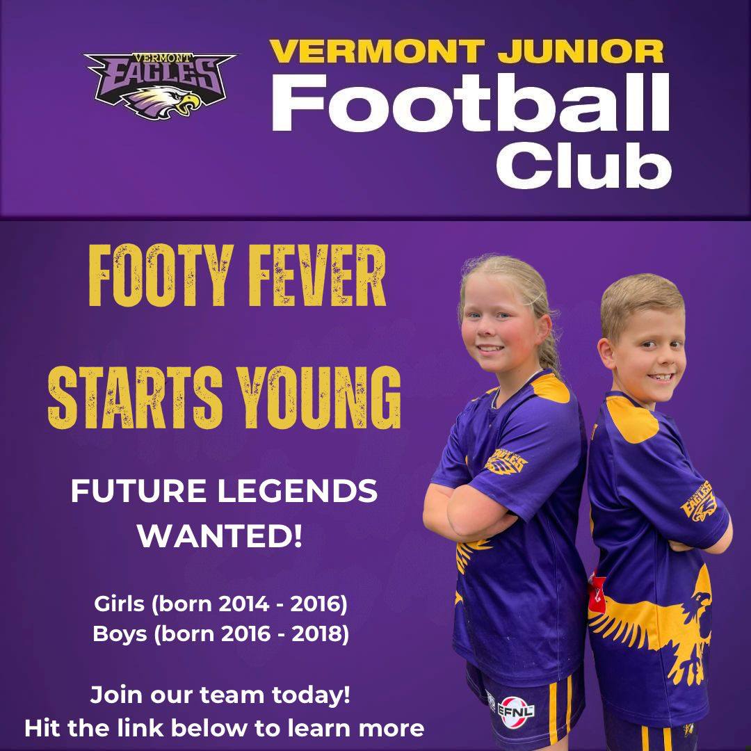 PLAYERS WANTED
The @vermontjfc Eagles Junior Football Club is seeking players to join their junior sides in 2026.
🦅✨ All abilities. All welcome.
To learn more about how your family can join a growing community of purple and gold, hit the link below or contact our Registrar, Adam at registrar@vermontjfc.com.au
https://www.vermontfc.com.au/juniors/junior-club-registrations/