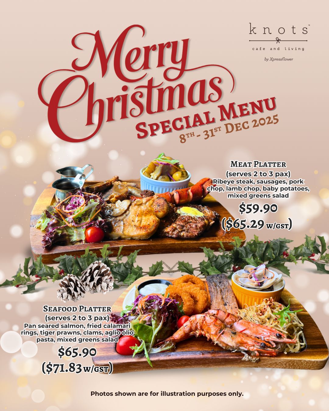’Tis the season to feast and be merry at Knots Café & Living!
Our Christmas Special Menu is here from 8 – 31 Dec 2025, featuring hearty platters perfect for sharing. ❤️
✨ Meat Platter: Ribeye steak, sausages, pork chop, lamb chop & more.
🦐 Seafood Platter: Salmon, prawns, calamari, pasta & greens.
Gather your loved ones and celebrate the holidays with us. 🎅
📍Available at both Knots outlets | Limited-time festive menu.
Make your reservations via our website now!