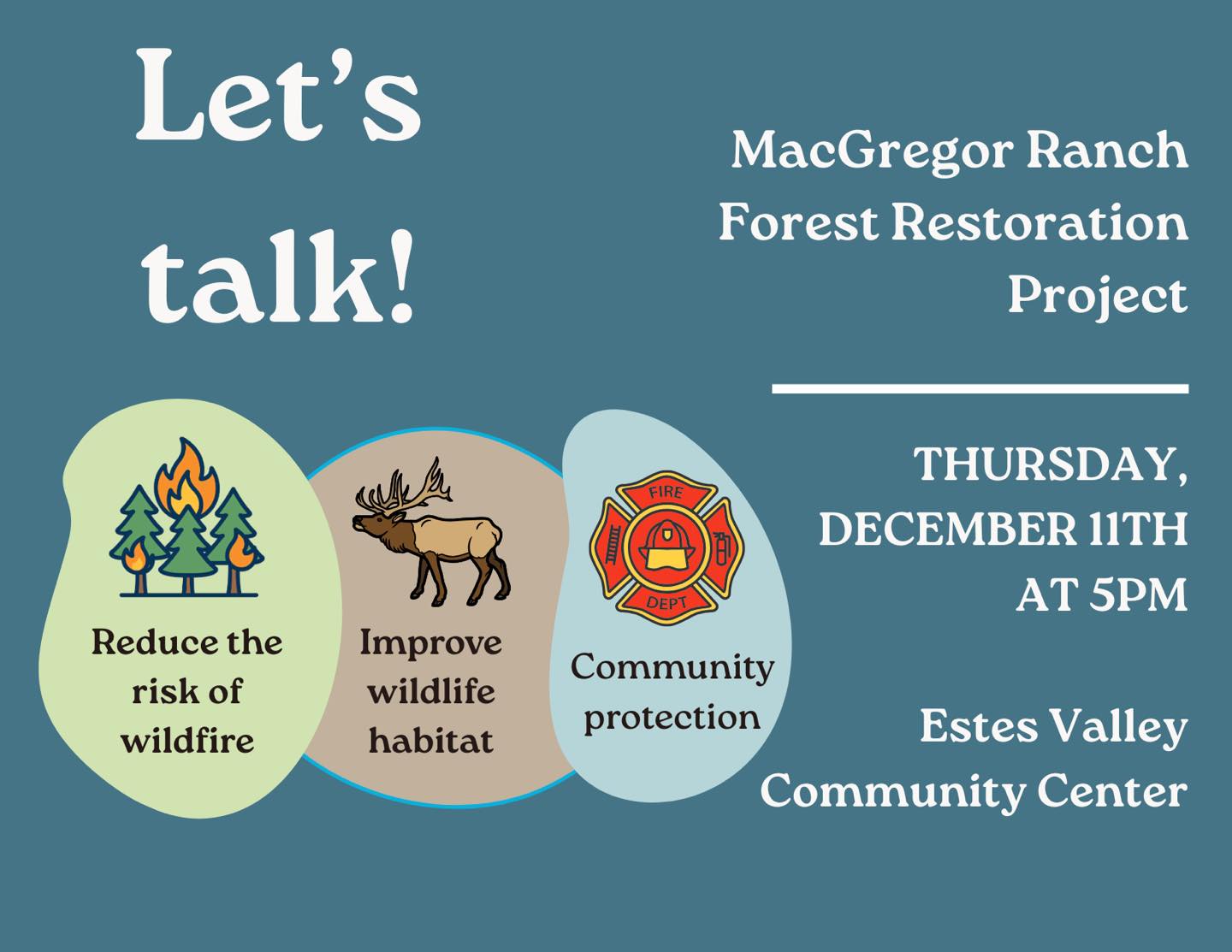 Join the Estes Valley Watershed Coalition and Larimer Conservation District to learn how MacGregor Ranch is partnering with LCD to complete Phase IV of its Forest Restoration Initiative in 2026. The event will highlight current restoration efforts at MacGregor Ranch on Dry Gulch Rd.