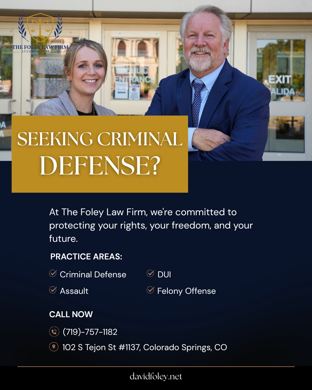 ⚖️ Protecting Your Rights, Your Freedom, and Your Future
Are you or a loved one seeking reliable criminal defense? At The Foley Law Firm, we are committed to defending your case with experience and dedication.
We handle a range of critical cases, including:
Criminal Defense
DUI
Assault
Felony Offense
Drug Possession
Theft & More
Don't face the legal system alone. Get the strategic defense you need from a team dedicated to achieving the best possible outcome for you.
📞 CALL NOW for a confidential consultation.
#TheFoleyLawFirm #criminalcase #criminaldefenseattorney #coloradosprings #DefenseAttorney
