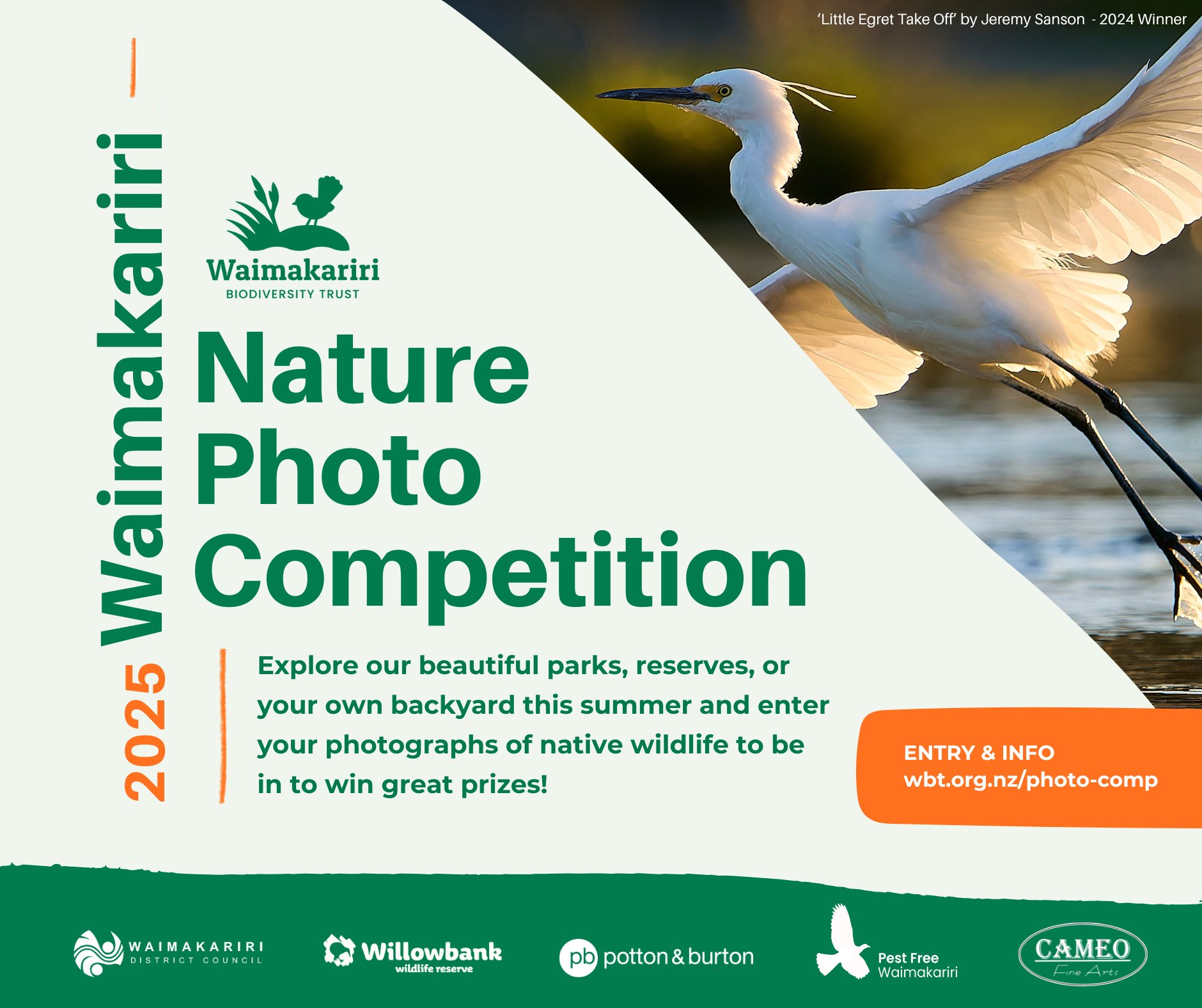 We are excited to be running the third Waimakariri Nature Photo Competition with another great group of prizes thanks to our supporters.
Explore our beautiful parks, reserves, or your own backyard this summer and enter your best photograph(s) of native birds, lizards, fish or insects, emphasising the Waimakariri landscape and habitat.
Win great prizes including a family pass to Willowbank Wildlife Reserve, a framed print of your photo and more!
Competition open until Feb 28th, 2026
Find out more and enter here:
https://www.wbt.org.nz/photo-comp