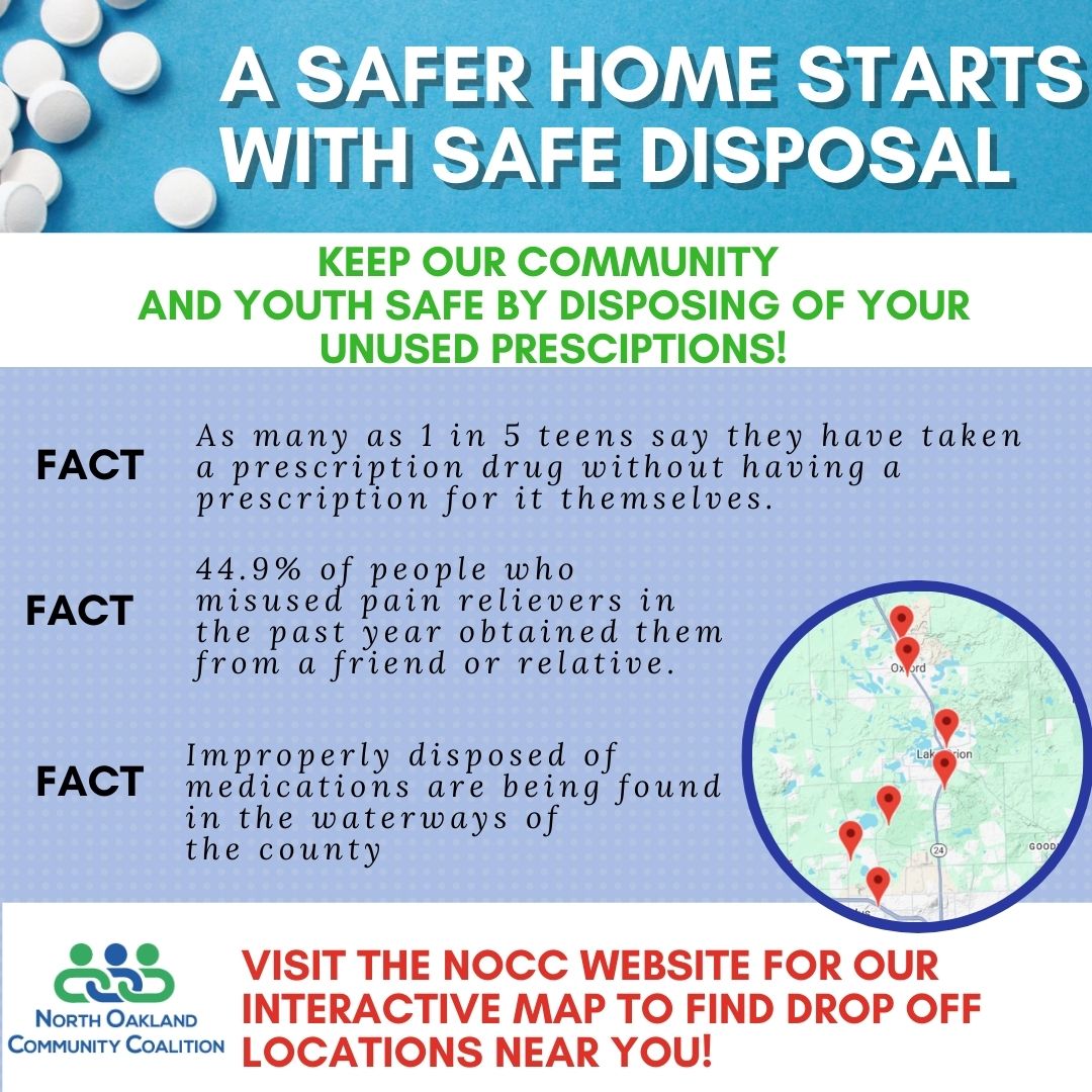 One simple step can make a big difference in safeguarding our homes and communities from prescription drug misuse and fentanyl: safely disposing of unused medications helps reduce the risk that they could end up in counterfeit form.
You may see us highlight safe medication disposal during Prescription Take Back Day in October and April, but local drop-off sites are available every day, so you can take this protective step whenever it works for you!
Find prescription drop-off locations and more information at https://www.noccmi.org/prescriptions