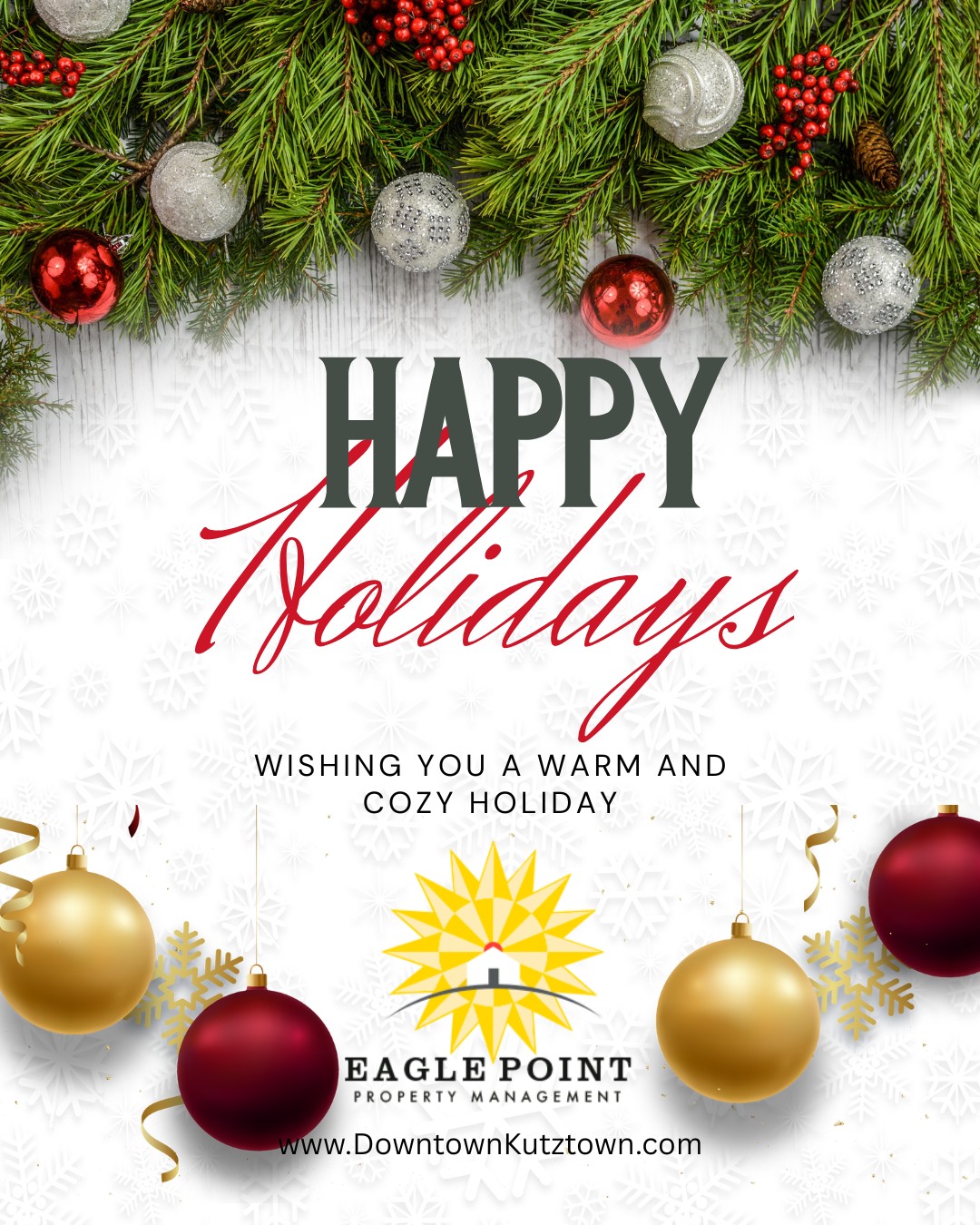 Finals are done—time to relax, recharge, and enjoy the break. Happy Holidays from all of us at Eagle Point Management! ❄️🏡#eaglepoint #downtownkutztown #KU #goldenbears #kutztownuniversity #livehowyouwantto #EPPM #December #HappyHolidays #Holidays