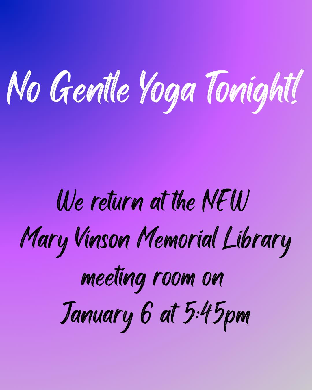 Mary Vinson Memorial Library is reopening soon and we are so excited. The space looks amazing! While the library transitions, Gentle Yoga will take a little hiatus through the holidays. We will pick back up in January in the brand new meeting room with a brand new night (Tuesdays!) to get our relaxation on. See you January 6 at 5:45pm!
#comehometoyoursoul #healthybodyhealthymind #comehometoyourself❤️ #healthybodyandmind #healthybody #takeadeepbreath #comehometoyourroots #welcomehome #healthybodyhealthymindhealthysoul #comehometoyourself #healthybodyhappymind #justbreathe #comehometoyourbody #comehometoyourheart