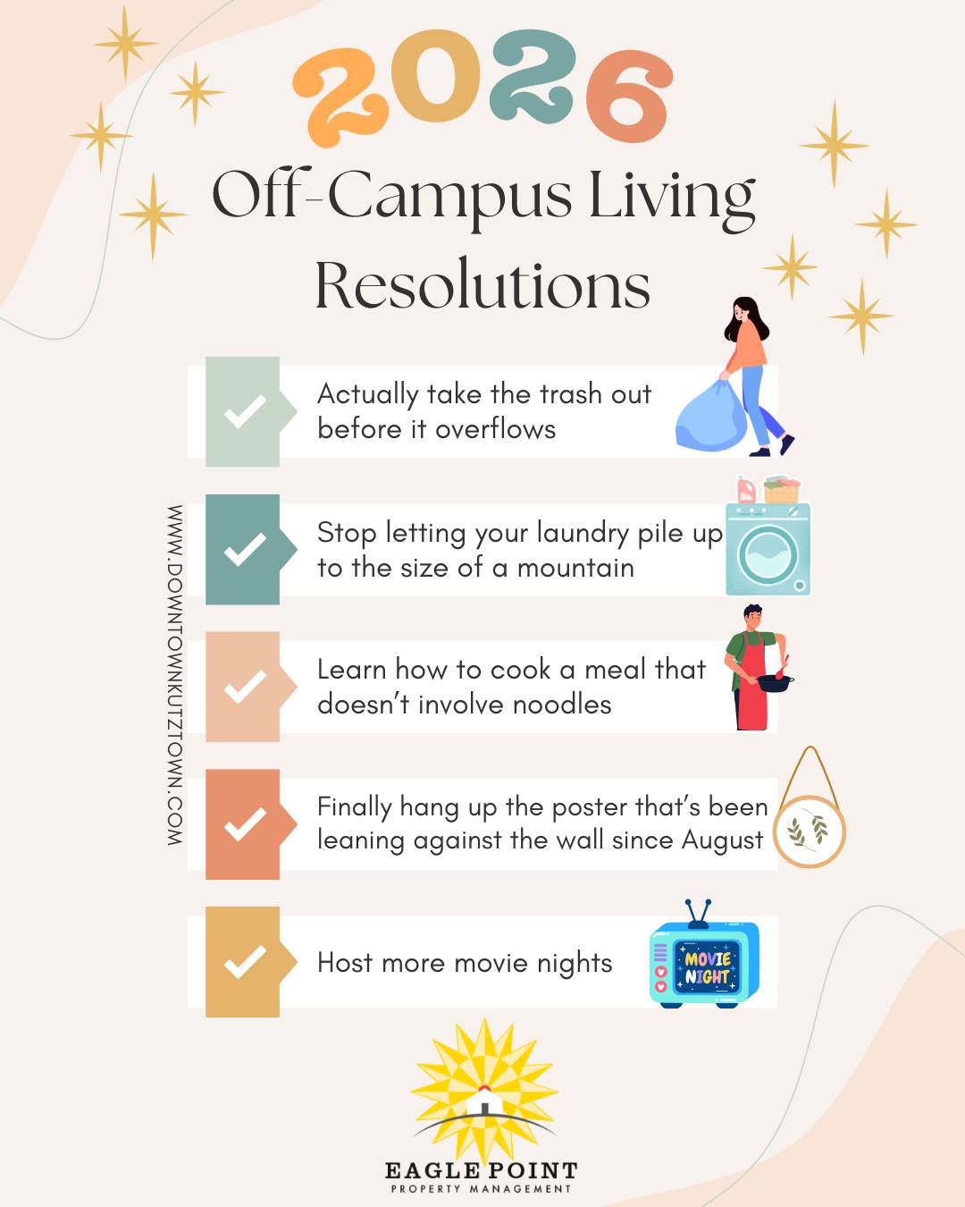 New Year, Same Apartment… but this time we’re actually sticking to the resolutions (maybe). 💪 Which one are you guilty of?
#ApartmentResolutions #OffCampusGoals #eaglepoint #downtownkutztown #KU #goldenbears #kutztownuniversity #livehowyouwantto #EPPM #HappyNewYear #NewYear #2026 #January