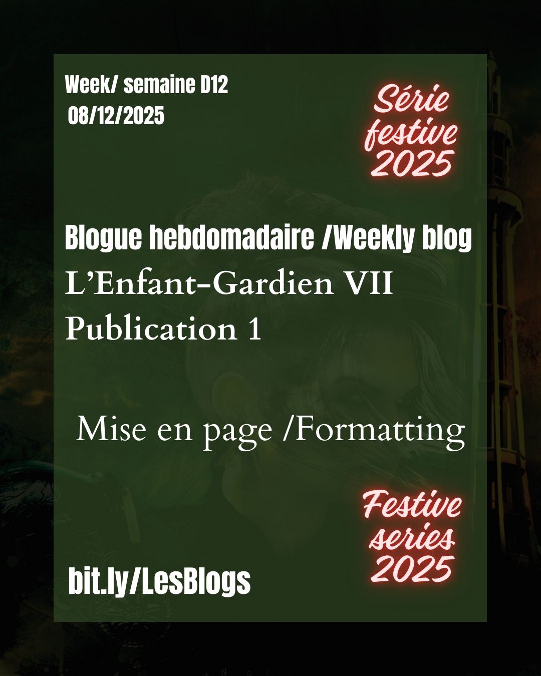 The blog is out! The 2025 Festive Series. Read today an exclusive scene from The Butterfly Effect. Gwen made a promise to be home for Christmas, she fears she might have to break her promise.
A Christmas Promise🎄
Coming home for Christmas, the promise she made to her son Sean when she left for this mission in Antarctica. That’s all Gwen was thinking about as she lay in the snow, her blood sipping out of the gaping hole through her shoulder, spreading her life onto the ice cave floor. She shivered no more, a great warmth overtook her body, filled her mind with laughter and twinkling lights, spices and pine.
KEEP reading in the blog bit.ly/LesBlogs
For the last two weeks, I have been preparing my manuscript to publish it before Christmas, so I won’t be working on Redemption this week. However, I will find a festive scene from another story in the Punk Nexus series for you to read next Monday
🎁
Le blog est là ! La série festive de 2025. Lisez une scène exclusive de L’effet papillon aujourd’hui. Gwen a promis d’être à la maison pour Noël, elle craint de devoir rompre sa promesse.
Promesse de Noël
Revenir à la maison pour Noël, la promesse qu’elle avait faite à son fils Sean lorsqu’elle est partie pour cette mission en Antarctique, était désormais la seule chose à laquelle Gwen pensait alors qu’elle gisait dans la neige. Son sang s’écoulant du trou béant à travers son épaule, répandant sa vie sur le sol de la grotte de glace. Elle ne frissonnait plus, une grande chaleur envahit son corps, remplissant son esprit de rires et de lumières scintillantes, d’épices et de pins...
CONTINUEZ à lire sur le blogue bit.ly/LesBlogs
Depuis deux semaines, je prépare mon manuscrit pour le publier avant Noël. Je ne travaillerai donc pas sur Rédemption cette semaine. Cependant, je trouverai une scène festive tirée d’une autre histoire de la série du nexus punk à vous faire lire lundi prochain.
Join the Ancilian Tribe/adhérez à la tribu anciliane : bit.ly/ABALABEE
#abalabee #ancilians #sciencefantasy #fictionblogs #blogfiction