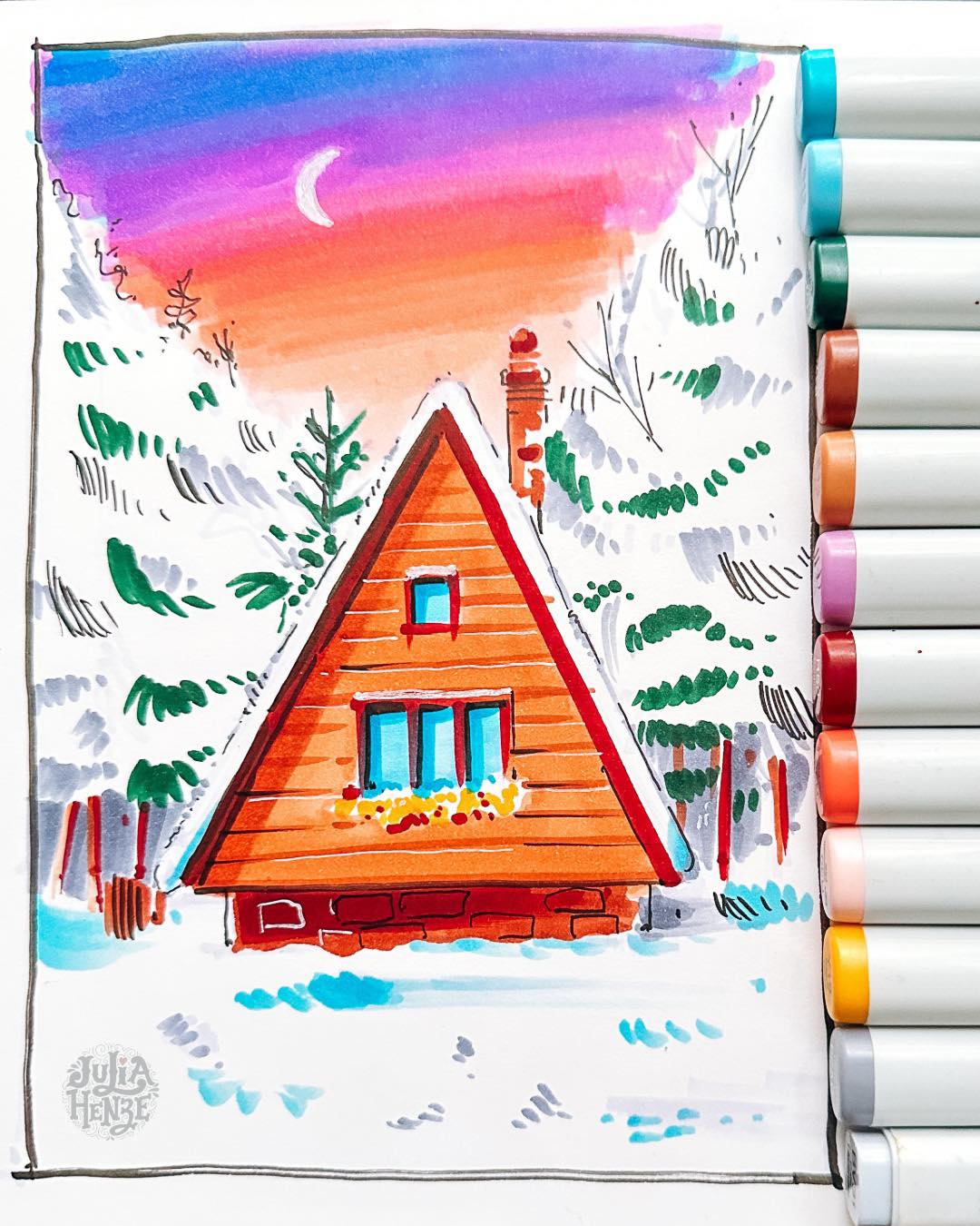 There’s something magical about waking up to fresh snow.❄️☺️
Not the slippery, chaotic kind that makes every Dutch driver whisper a quiet prayer… but that soft, untouched blanket you see when you open the curtains.
You touch the cold window with warm hands, your nose leaving a tiny foggy circle. Your socks are still warm, the room still quiet, and for a moment you can hear your own breath.
Then suddenly… crunch, crunch… someone outside steps into the snow for the very first time.
And you just know: I need to go out too.
That feeling, fresh, simple, playful, is exactly what inspired this week’s intermediate tutorial in Brave Brushes.
A quick wooden cabin in the snow, sketched with alcohol markers. We keep it loose, expressive, warm against cool.
You’ll learn how to block in shapes with a grey marker, build a glowing sunset, simplify all that wintery chaos, and suggest snow with just… shadows.
It’s one of those lessons that feels like stepping into that first footprint yourself.
Anyone else craving a bit of winter magic already?✨❄️❤️
#urbansketchingtutorial #alcoholmarkersketch #copicmarkersart #expressivesketching #wintersketch #beginnerdrawingtips #loosesketchstyle #bravebrushes #sketchingclub #juliahenze #learnurbansketching #markersketching #winterartproject #creativebeginners #dutchartist #markersketch #drawingforadults