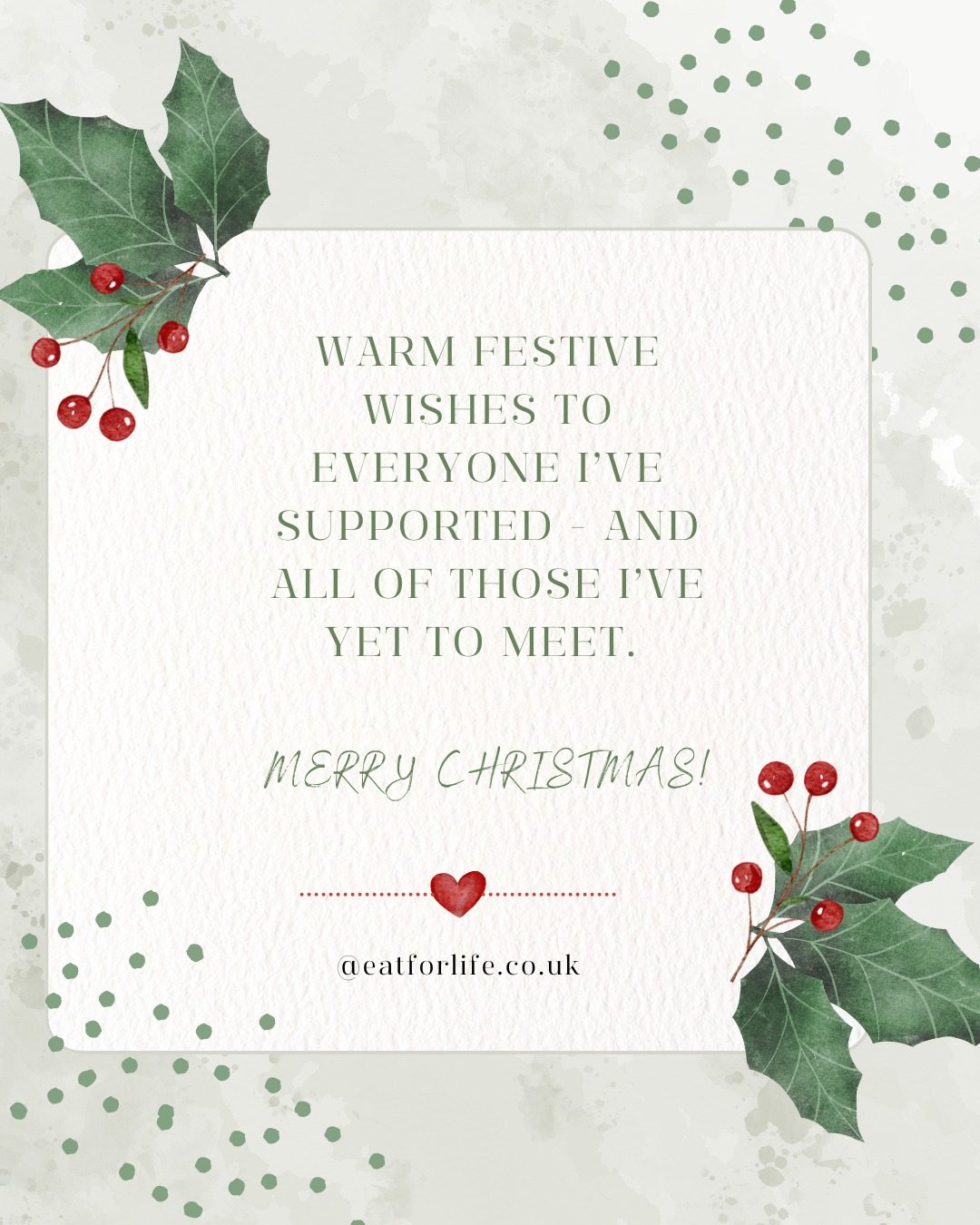 Wishing my past, current and future clients a truly joyful Christmas. May the days ahead give you time to unwind, replenish and reconnect with what helps you feel your best. Here’s to calm moments, nourishing choices and a new year filled with strength, balance and vitality.
I’ll be pausing posts until the New Year to rest and reset, but I’ll be back at work from the 5th of January if you need to get in touch.
Merry Christmas and a Happy 2026! ✨
#MerryChristmas #FestiveWellbeing #HealthyHolidays #ChristmasWishes #WellbeingJourney #MidlifeHealth #NourishToFlourish #HolisticHealth #FeelYourBest #SeasonOfSelfCare #MetabolicBalance