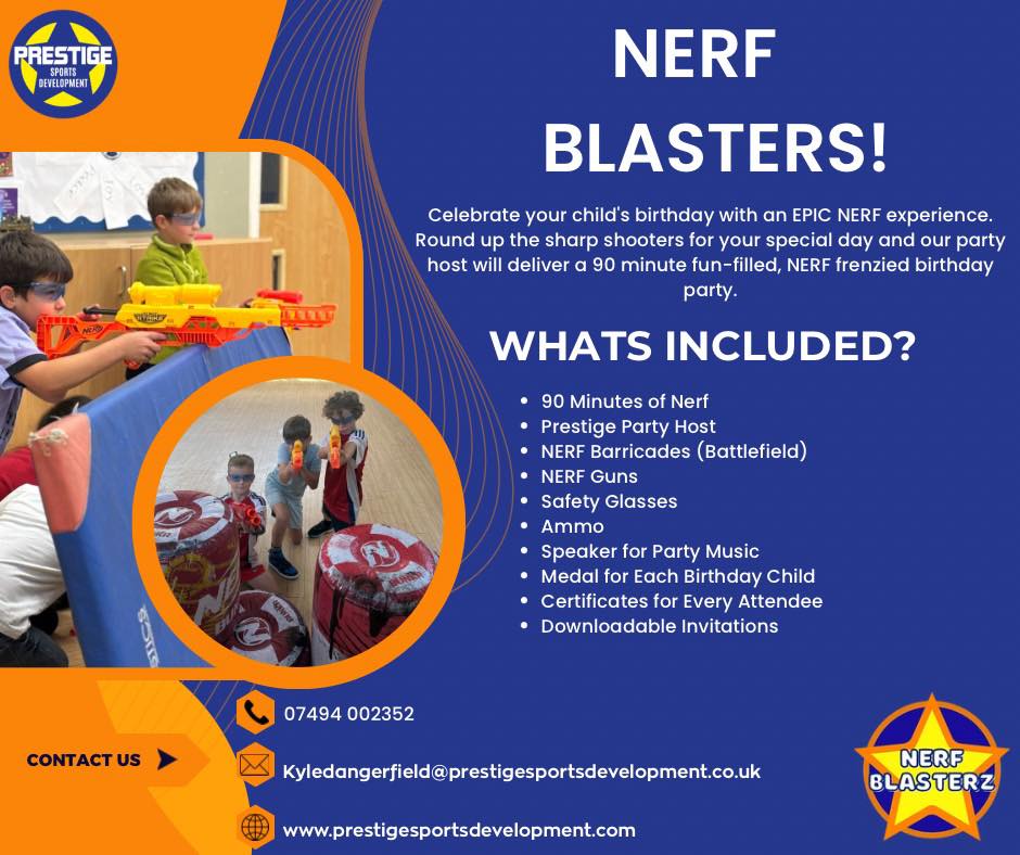 ๐ Make your childโs birthday EPIC! ๐
Our Nerf Blaster Parties are packed with action, challenges, and non-stop fun!
From NERF battles to awesome party music โ we bring everything needed for an unforgettable celebration.
๐ซ 90 minutes of Nerf
๐ก๏ธ Battlefield barricades
๐ฏ All equipment included
๐
Medal & certificates
๐ Hosted by Prestige Sports Development
Find all the information you need below!โฌ๏ธ๐