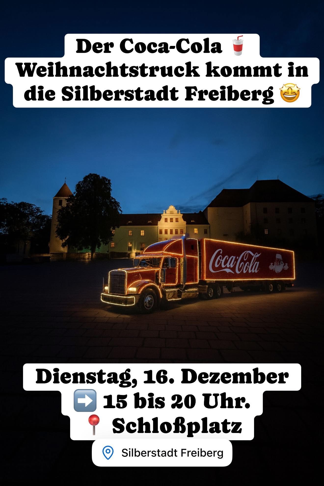 Morgen ist es so weit: Der legendäre Coca-Cola Weihnachtstruck macht Halt in Freiberg! 🚛❤️
Am Dienstag, 16. Dezember rollt der rote LKW auf den Schloßplatz und sorgt für eine besondere Weihnachtsstimmung.
🕒 Aktionszeit: 15–20 Uhr
📍 Ort: Schloßplatz Freiberg
🎁 Eintritt: kostenfrei
🎅 Das erwartet euch:
Im festlich geschmückten WeihnachtsTruck empfängt euch der Weihnachtsmann persönlich in seiner Stube. Rundherum gibt es Mitmachaktionen, weihnachtliche Überraschungen und ein tolles Fotomotiv. 📸🤳🏻
🚧 Wichtiger Hinweis:
Der Schloßplatz ist am 16. Dezember komplett für den Verkehr gesperrt, Parken ist dort nicht möglich.
🚗 Zusätzliche Parkmöglichkeiten nur am 16. Dezember:
• Beethovenstraße (Einbahnstraße aus Richtung Leipziger Straße)
• Grünfläche ABF Lessingstraße (Zufahrt über Johann-Sebastian-Bach-Straße)
• Bernhard-von-Cotta-Straße
• Gustav-Zeuner-Straße
• Ladestraße am Ostbahnhof (Zufahrt über B173 oder Himmelfahrtsgasse)
🅿️ Bis 22. Dezember weiterhin nutzbar:
Bernhard-von-Cotta-Straße, Gustav-Zeuner-Straße & Ladestraße Ostbahnhof
Weitere Parkplätze und Parkhäuser sind wie gewohnt geöffnet.
🍔☕ Speisen & Getränke:
Vor oder nach dem Besuch laden die Hütten des Freiberger Christmarkt bis 22. Dez. ein. Zusätzlich gibt es ein kleines Cateringangebot direkt auf dem Schloßplatz.
🚻 Toiletten:
Im Schloss Freudenstein sowie ein zusätzlicher Toilettencontainer an der Ecke Wallstraße.
ℹ️ Tourist-Information:
Am 16. Dezember bis 20 Uhr geöffnet – mit Infos, Geschenken, Tickets und dem Silberstadt-Gutschein.
Kommt vorbei, und genießt einen festlichen Nachmittag mit Familie und Freunden! 🎄✨
Wir freuen uns auf euch in unserer Silberstadt Freiberg! 🎅🚛🎄