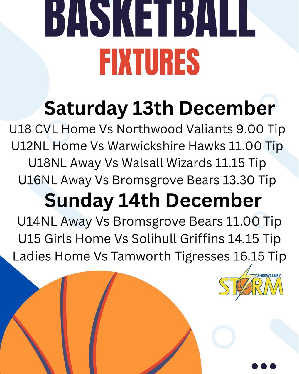 A packed weekend of fixture both home and away with all our national league junior teams involved.
Let’s wish them luck and hope for a good result before we head to Christmas break.
Come on down to support the home games at the sports village.
#shrewsburystorm #basketballfamily🏀❤️ #stormbasketball🏀 #MoreThanJustAClub #girlswhoball🏀 #community