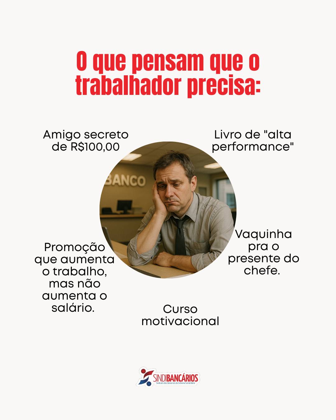 Todo fim de ano é a mesma história: discursos motivacionais, frases prontas e “presentinhos” que não compensam a pressão, o adoecimento e a falta de reconhecimento.
Mas a verdade é simples: o bancário não precisa de frases bonitas, precisa de direitos, descanso e respeito.
Por trás de cada conquista, existe luta coletiva e organização sindical. E é assim que seguimos: defendendo o que realmente importa para quem vive a rotina das agências todos os dias.
Compartilhe e marque um colega que merece viver essa realidade também ✊
#SindicatoDosBancários #Direitos #TrabalhadorNãoÉNúmero #ChegaDeAbuso #LutaColetiva