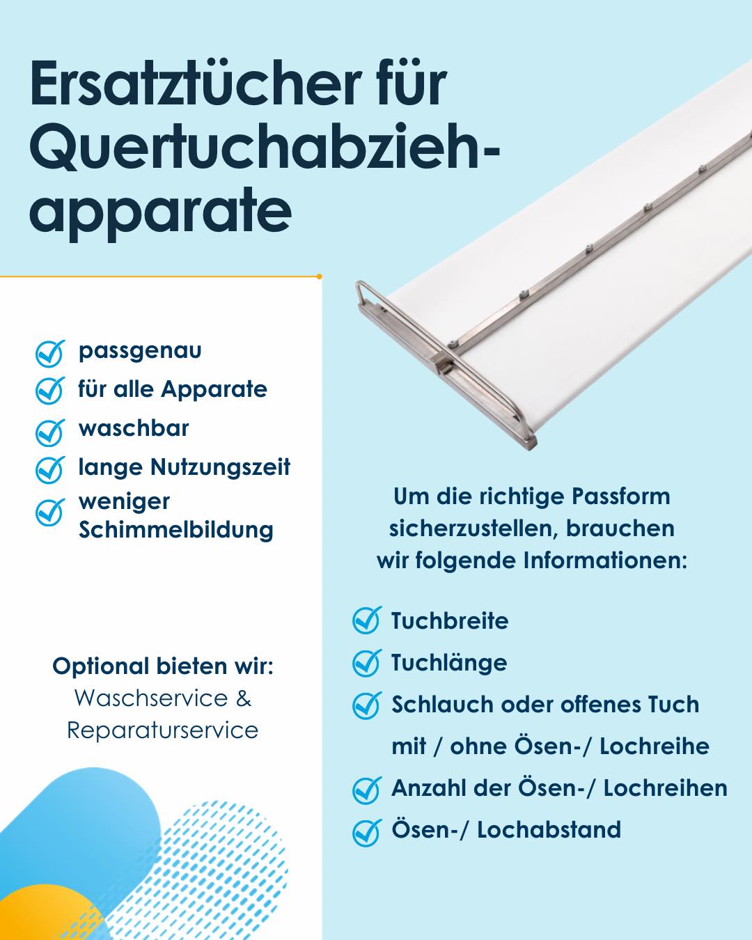 Präzision, die passt: Unsere Ersatztücher für Quertuchabziehapparate und Belader sind maßgenau, langlebig und reduzieren Schimmelbildung. Auf Wunsch inklusive Wasch- & Reparaturservice. 🤩