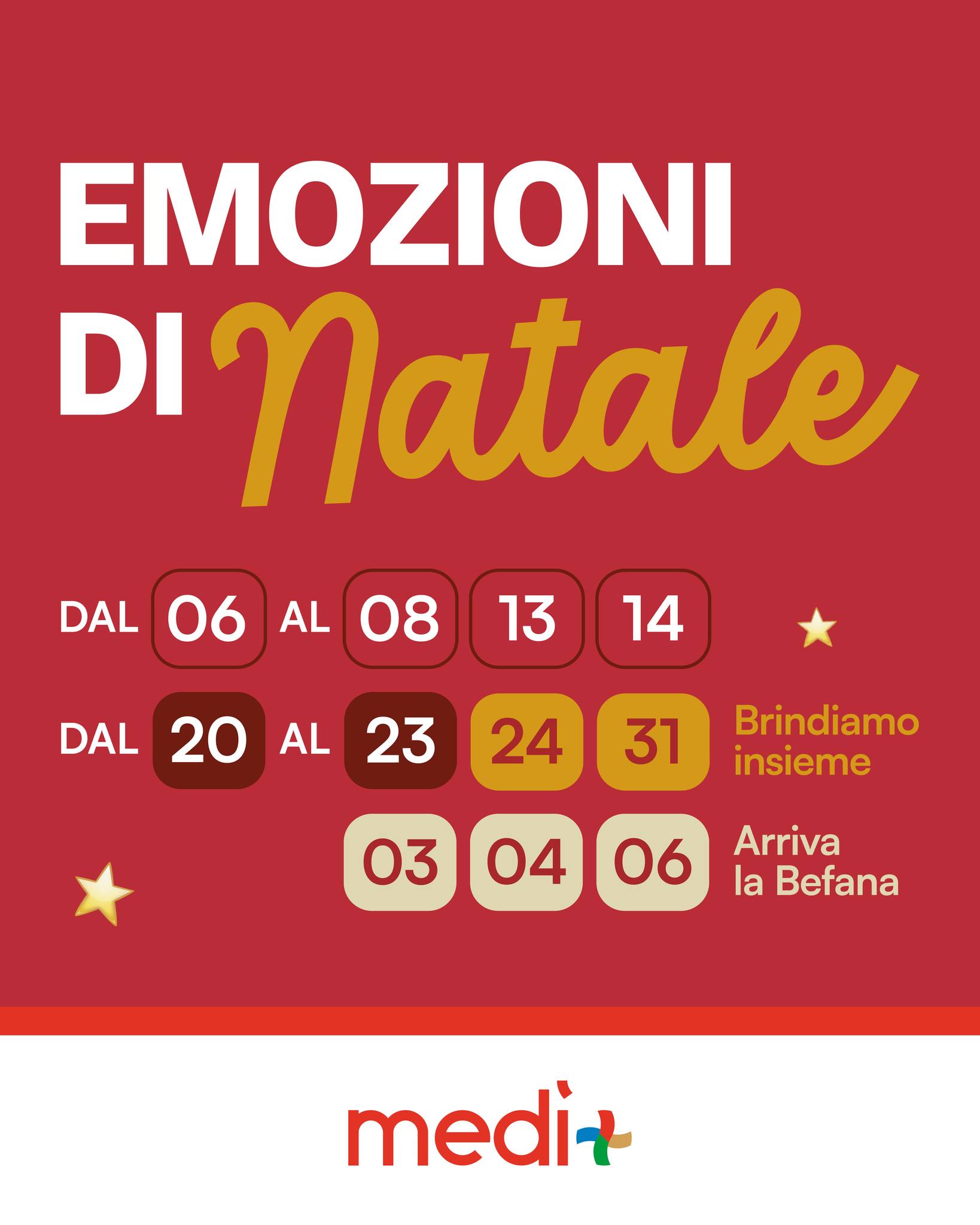 La magia delle feste ti aspetta al Medì🎄❤️
Dal 6 dicembre al 6 gennaio, il centro si trasforma in un percorso fatto di atmosfere magiche, appuntamenti speciali e piccole sorprese da vivere giorno dopo giorno.
Un calendario ricco, pensato per regalare ai più piccoli momenti di fantasia e ai grandi l’incanto delle feste: laboratori creativi, esperienze immersive, brindisi e incontri magici✨
🎄 Ogni settimana qualcosa di nuovo ti aspetta: scopri le date degli eventi e lasciati avvolgere dalla magia del Natale.
#centrocommercialemedì #natale #festività