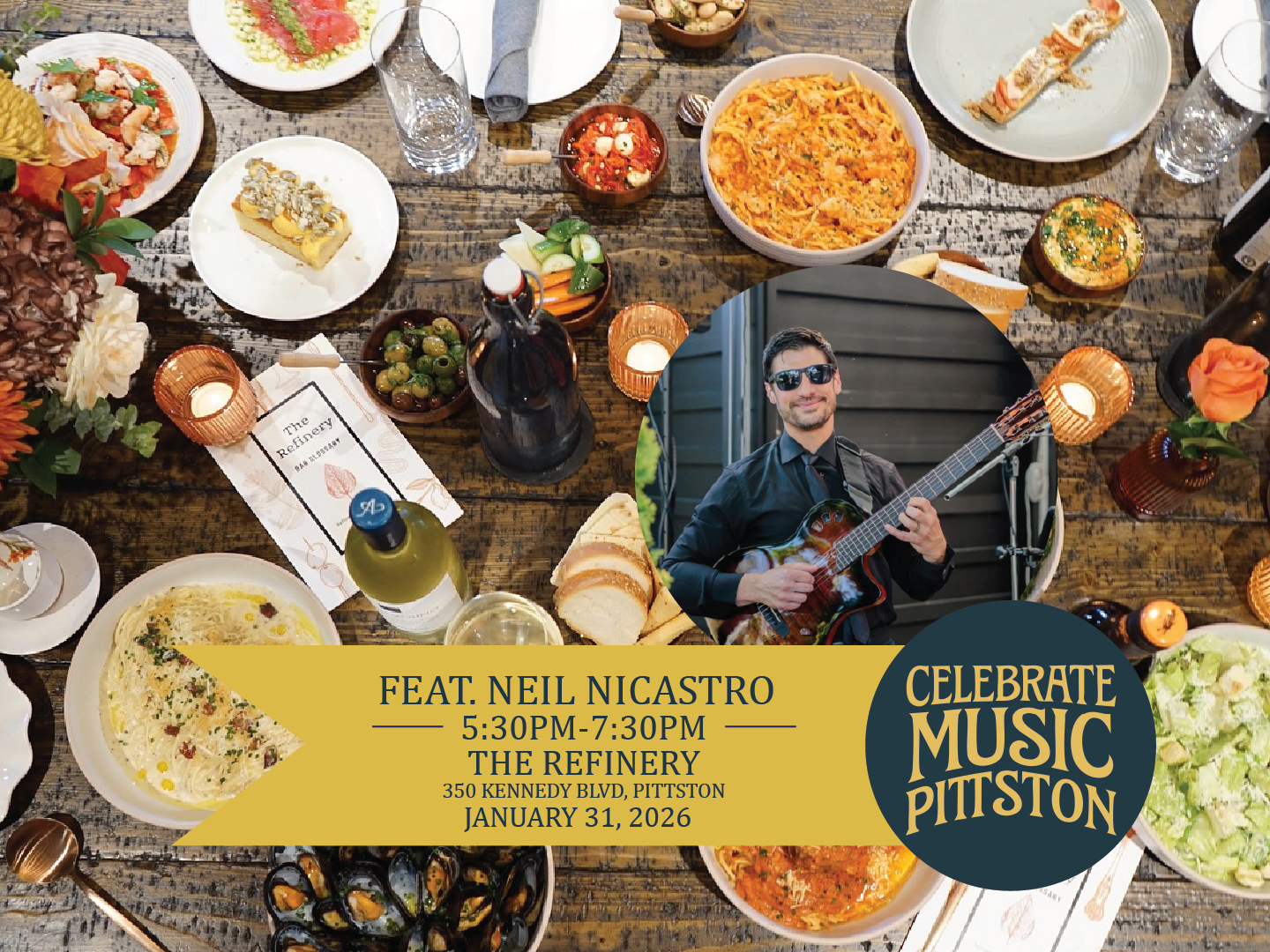 Cozy vibes and acoustic energy – Neil Nicastro takes The Refinery stage from 5:30–7:30PM. Dinner + live music = perfect Saturday-night feel. Celebrate Music Pittston - Pittston's first ever day-long music festival happening January 31, 2026.