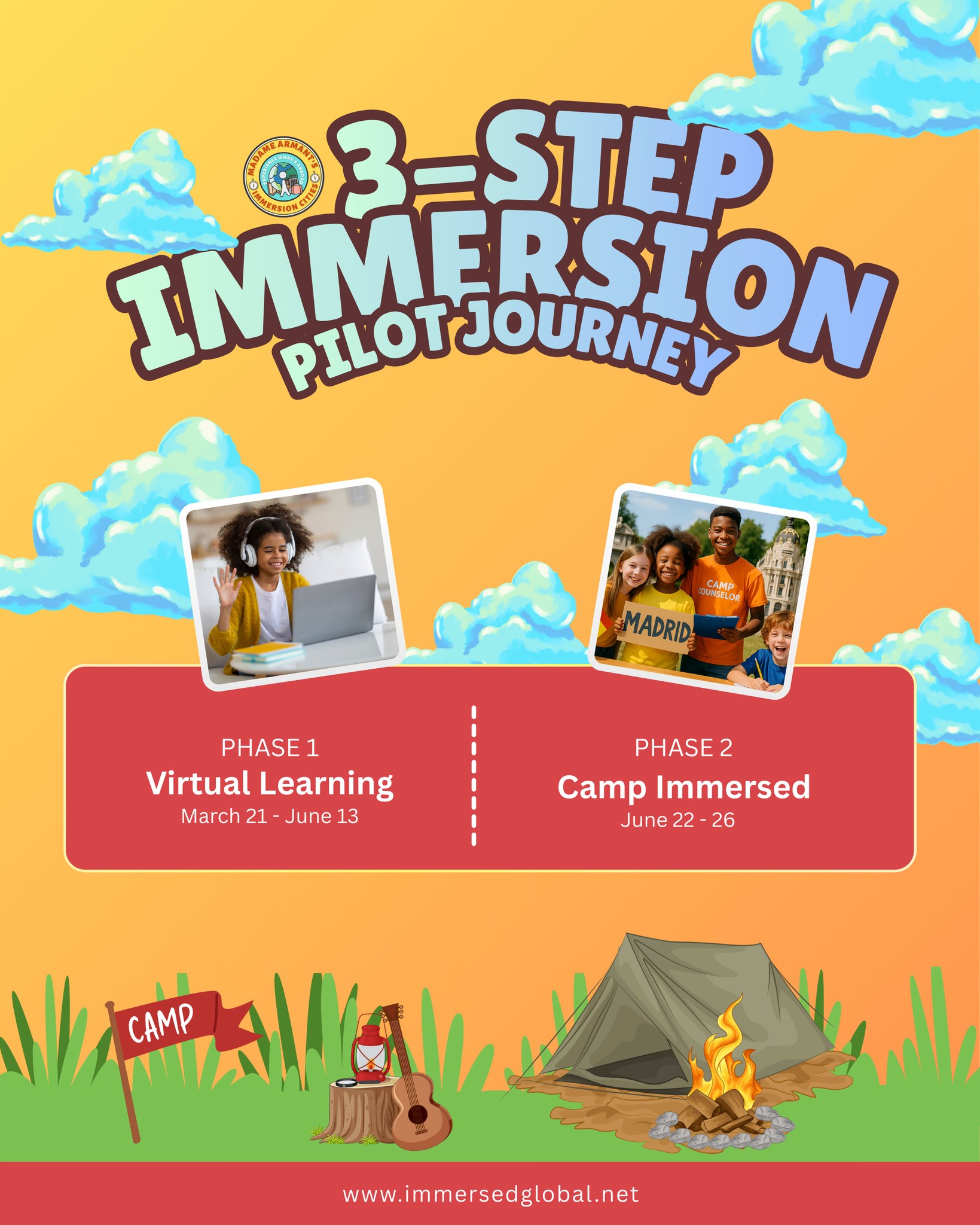 🌍✨ The Immersion Journey Begins! ✨🌍
Our 3-Step Immersion Pilot Journey is designed to help students build confidence, explore language and culture, and experience learning in a meaningful way.
🧠 Phase 1: Virtual Learning
📅 March 21 – June 13
Students begin with interactive virtual sessions focused on language, culture, and global awareness.
🏕 Phase 2: Camp Immersed
📅 June 22 – 26
The journey comes to life at Camp Immersed — where students connect, explore, and grow through hands-on cultural experiences.
✨ And this is just the beginning! As we look ahead to 2026, we’re excited to expand the Immersion Journey with even more learning opportunities, deeper cultural experiences, and new ways for students to explore the world.
Learn more at www.immersedglobal.net🌎
#ImmersedGlobal #ImmersionJourney #CampImmersed #LanguageLearning #GlobalCitizenship #YouthPrograms