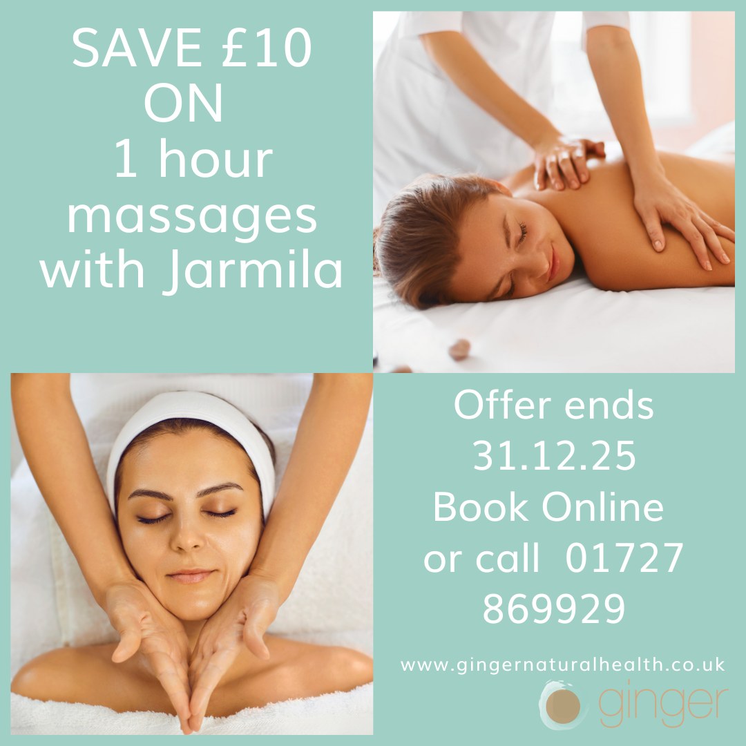 £10 off one hour and above massages with Jarmila. Experience relaxation this December with Jarmila! Enjoy £10 off any massage over one hour duration, to help you unwind and rejuvenate during the busy holiday season. Treat yourself or a loved one to soothing experience that will leave you feeling refreshed. Book your appointment today embrace the gift of well-being!
Offer ends 31.12.25
Book online or call 01727 869929