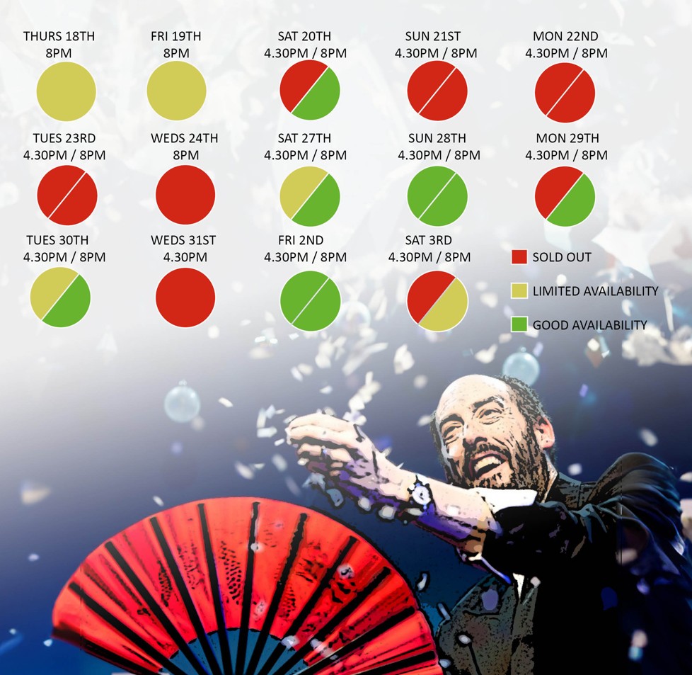 It's officially countdown time until our annual Christmas show starts, and - with 11 shows already sold out - we've recreated last years' handy infographic, so you can keep on top of best availability.
Grab some festive cheer and getting booking ASAP!