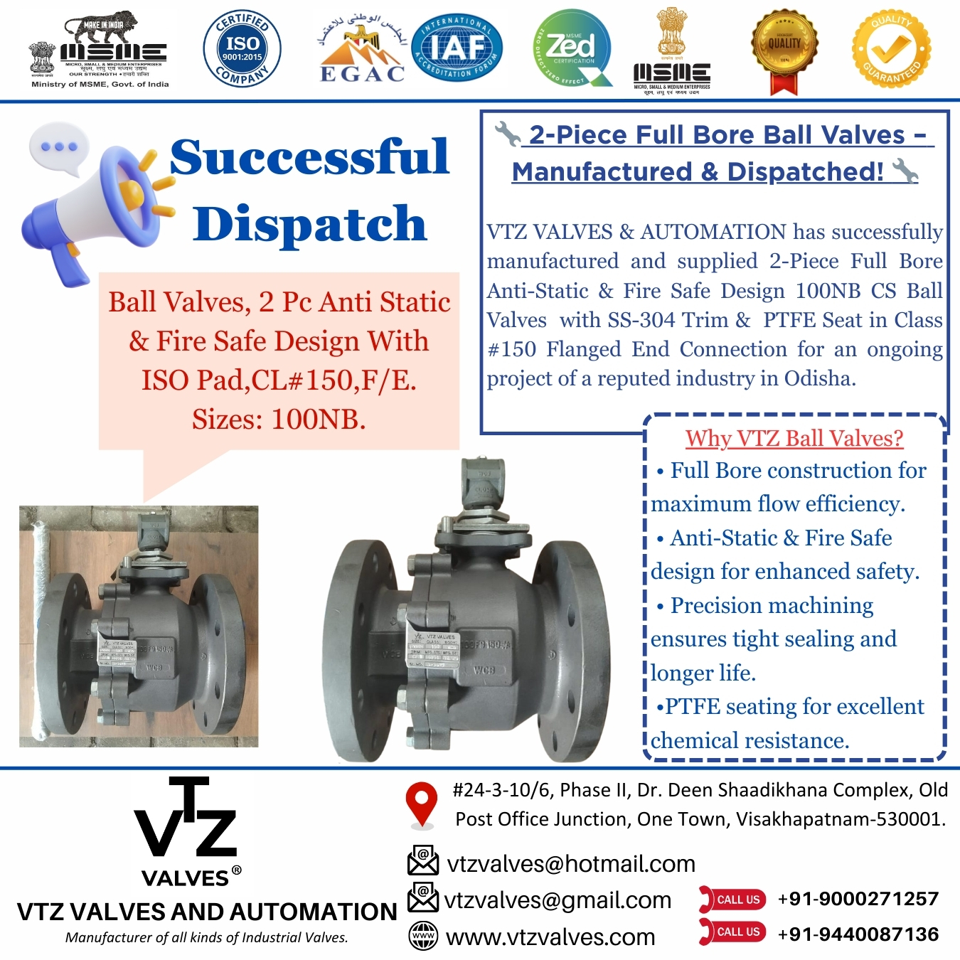 Another milestone achieved!
VTZ VALVES & AUTOMATION has manufactured and dispatched 100NB, 2-Piece Full Bore Anti-Static & Fire Safe Ball Valves, Carbon Steel Body with SS-304 Trim & PTFE Seat, Class #150 Flanged Ends — for an ongoing project in Odisha.
Built for durability, smooth operation & superior sealing performance.
Your trusted partner for industry-grade Ball Valves.
#VTZValves #FullBoreValve #BallValve #IndustrialValves #ProcessPlants #OilAndGas #SugarIndustry #ChemicalIndustry #PharmaIndustry #PulpAndPaper #RefineryEquipment #ManufacturingIndia #QualityEngineering