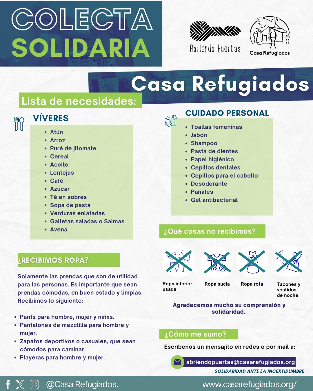 ✨Gracias por tanta solidaridad este mes. ✨ Cada prenda que es donada ayuda a que más personas en movilidad se sientan acompañadas. 👕👟👞
Para seguir haciendo posible este trabajo, te pedimos que tu donación sea de ropa limpia y en buen estado.👔👖
Recordamos que no recibimos ropa interior usada, vestidos de noche ni tacones.👚🩳
Cuando donas con intención y cuidado, nos ayudas a optimizar esfuerzos y a concentrarnos en lo que más importa: seguir construyendo paz en comunidad. 🕊️
#CasaRefugiados #SolidaridadAnteLaIncertidumbre