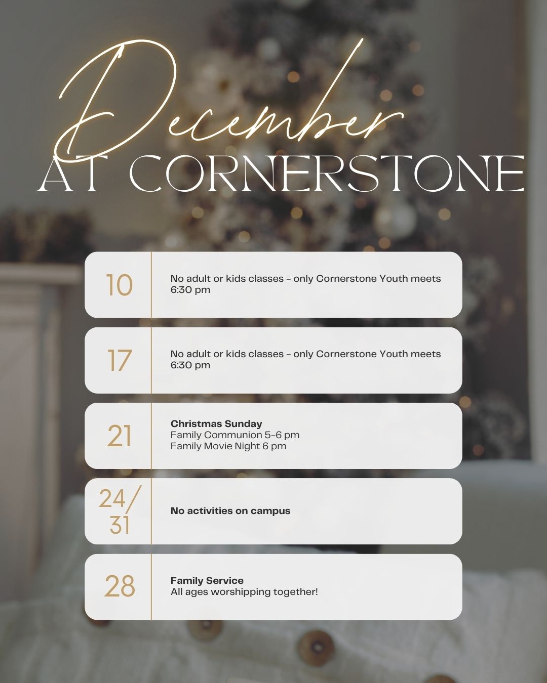December is one of the months we take a break from most of our activities to rest, reset, and reflect. Check out our schedule and download the Church Center app to keep up with all of our events!