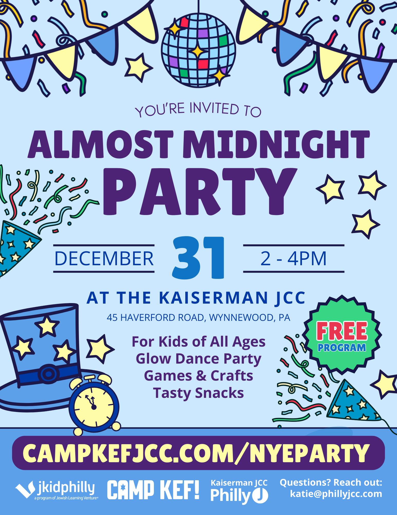 Looking for winter break plans? We have you covered!
Camp Kef is hosting 3 days of Winter Break Camp December 29, 30 and January 2. Join us for field trips and adventures to Urban Air, Gravity Vault, and the movies!
Ready to ring in the New Year? Join us December 31 for Almost Midnight Party at the JCC!
See you this Winter Break!
