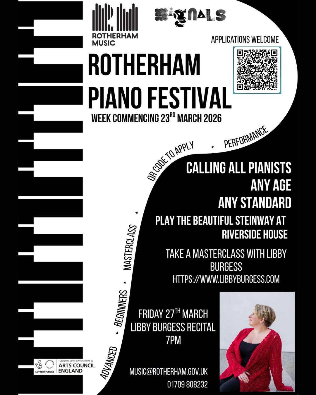 Calling all pianists!
We have an exciting opportunity for you to show off your hard-earned skills on Riverside House's beautiful Steinway Piano.
Come take part in the Rotherham Piano Festival beginning on 23rd March 2026.
The Festival will be capped off with a recital from the amazing Libby Burgess at 7pm on Friday 27th March.
https://www.libbyburgess.com
Applications are now open. Scan the QR code in the top right of the image to apply.
#music #rotherham #musiceducation #thingstodo #MusicEducationMatters #musicians #RotherhamIsWonderful #livemusic #fyp #talentshowcase #creativity #Riversidehouse #riverside #piano #musiclesson #musiclessons #Festival #applications #musicopportunity