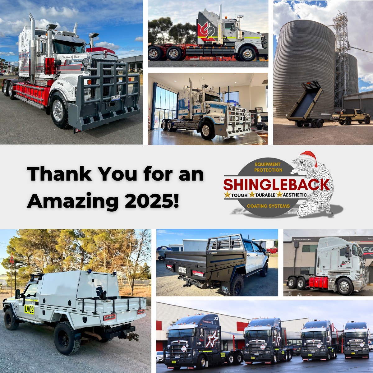 Another exciting year comes to a close, and we want to extend a huge thank you to all our valued customers for choosing Shingleback Coating Systems.
2025 has been a year of challenges, innovation, and unforgettable projects. From high-performance 4x4 builds to heavy transport fleets, you’ve trusted us to protect the gear that matters most — and for that, we are truly grateful.
We were lucky enough to be part of way too many awesome projects this year (clearly more than could fit in one picture 😄), and each one pushed us to deliver our very best.
Here’s to switching off, getting outdoors, and enjoying some well-earned downtime. Have a safe, restful, and adventurous holiday season — we’ll be ready to get back into it with you in 2026!
#ShinglebackCoatingSystems #Arkote #HolidaySeason #ThankYou