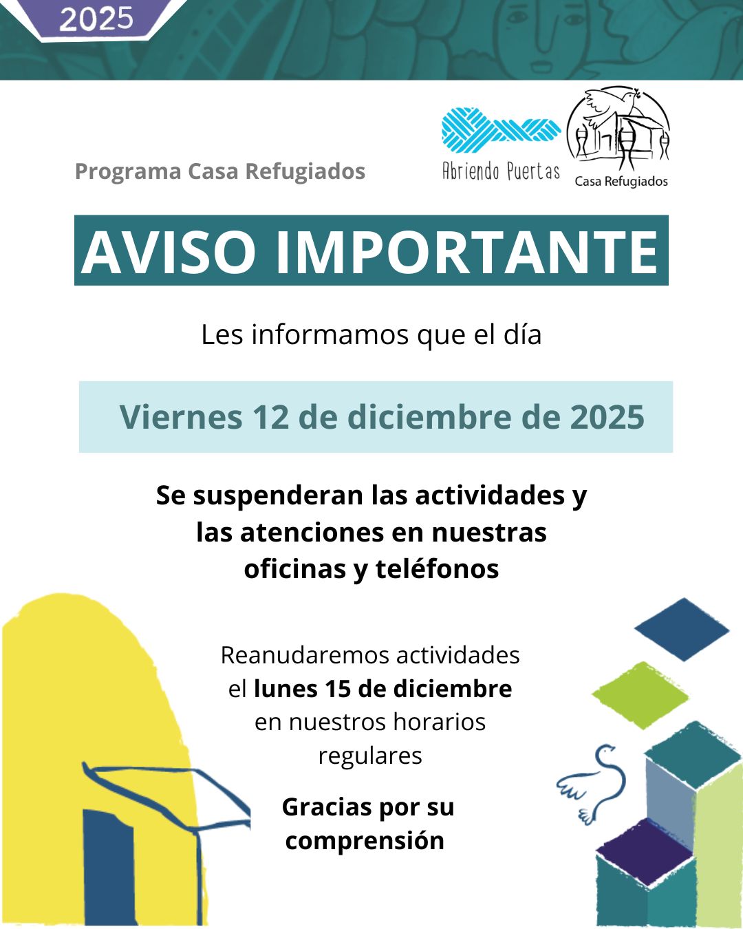 🚨 AVISO IMPORTANTE 🚨
Les informamos que este viernes estarán suspendidas todas las atenciones.
Les recomendamos tomarlo en cuenta para organizar sus visitas y trámites con anticipación.
Agradecemos su comprensión.