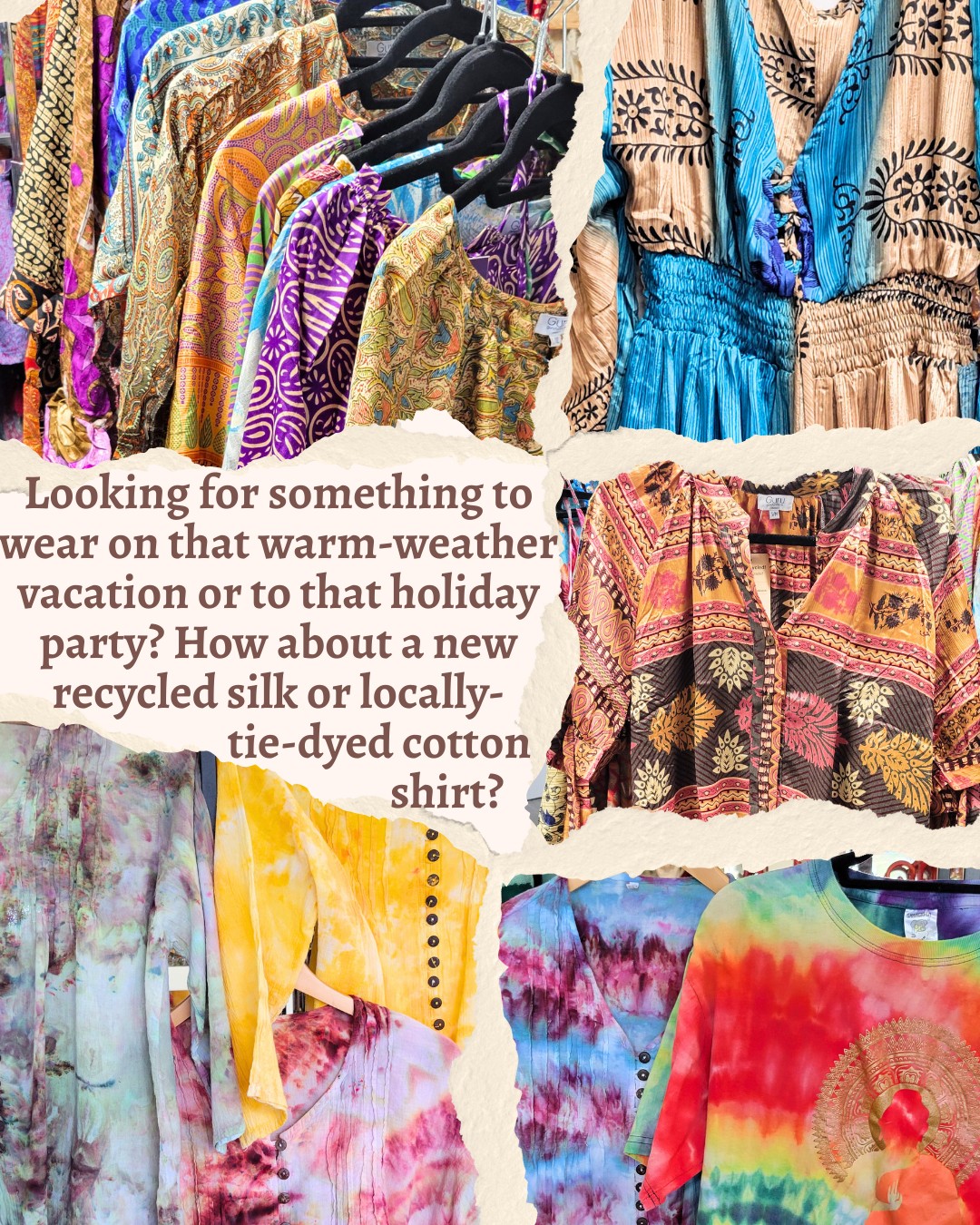 Looking for something to wear on that warm-weather #vacation or to that #holiday party? How about a new #recycled #silk or #locallymade #tiedyed #cotton #shirt? #handmade #fairtrade #giftideas #shoplocal #westkelowna