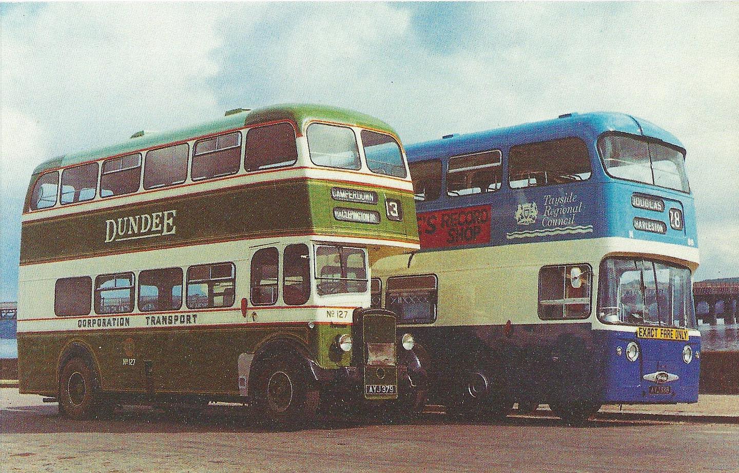 ✨🚌 This postcard-style pairing presents two Dundee favourites from different eras. First is Tayside Regional Council Fleet Number 88 (AYJ88B), a Daimler Fleetline with Alexander bodywork showing Route 28 to Douglas.
Alongside it is preserved Dundee Transport Corporation Fleet Number 127 (AYJ379), a 1951 Daimler CVD6 with Croft bodywork, displaying Route 13 to Camperdown. Between them, they show just how quickly bus design evolved in the mid-20th century.
We’re closed until February, but these archive pieces help keep Dundee’s transport story alive all winter.