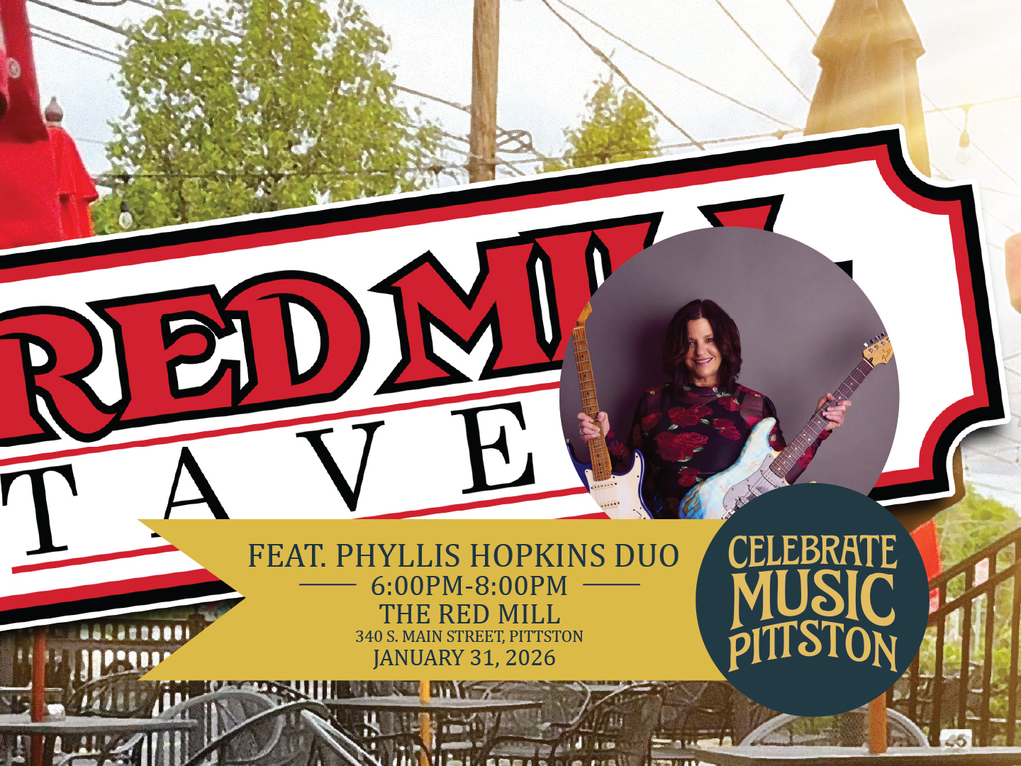 Blues, guitar, and soul. The Phyllis Hopkins Duo brings their signature sound to The Red Mill from 6–8 PM. Celebrate Music Pittston - Pittston's first ever day-long music festival happening January 31, 2026.