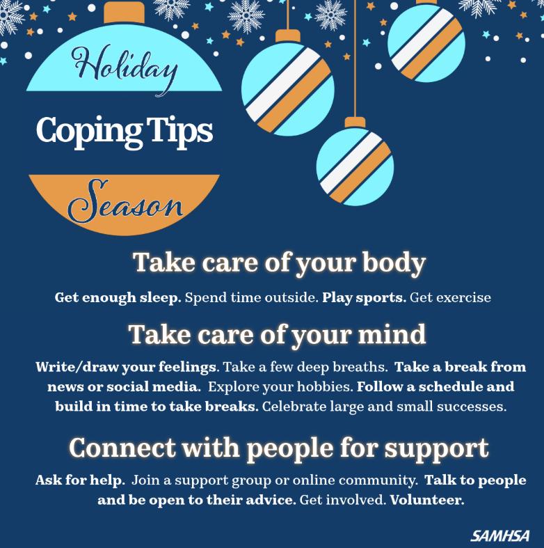 This season can be stressful—socially, financially, emotionally. Remember to take a break. It’s more than okay to focus on yourself, your self-care, and your overall health and wellness this season. Here are some ways to show yourself some comfort & joy: samhsa.gov/find-support/how-to-cope
Visit https://www.noccmi.org/mental-wellness for resources on coping skills!
Remember that you can text or call 988 for yourself or a loved one if you're struggling this season--the crisis line is available 24/7 for confidential mental health support. Visit https://988lifeline.org/ for more information.