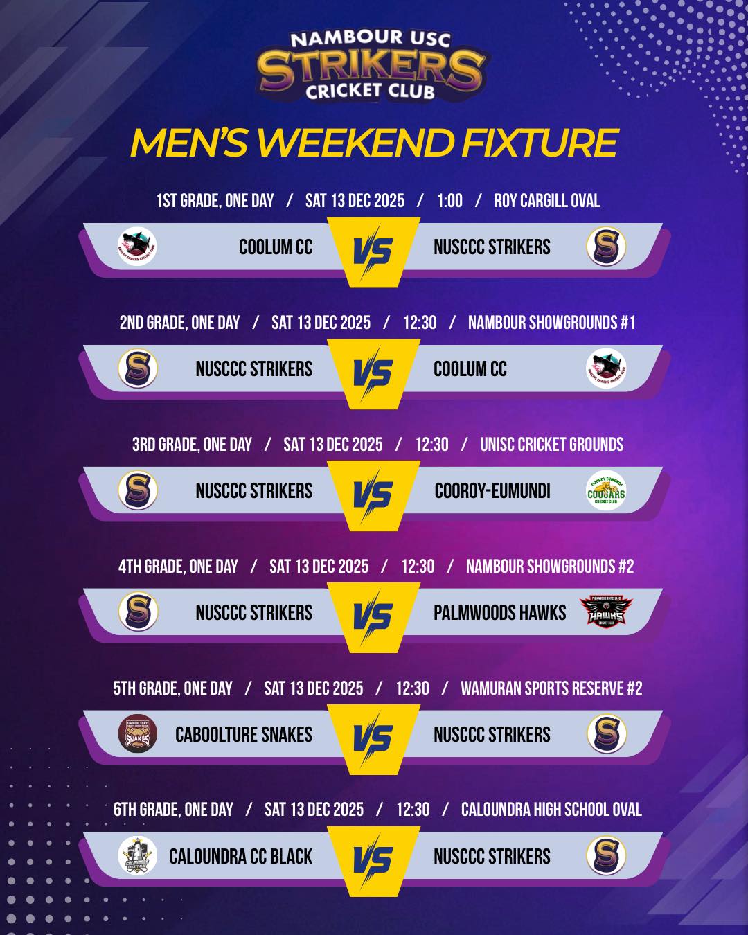 Fixtures for Strikers cricket this weekend 🏏
👉 Swipe to see the junior’s fixtures! #strikersspirit