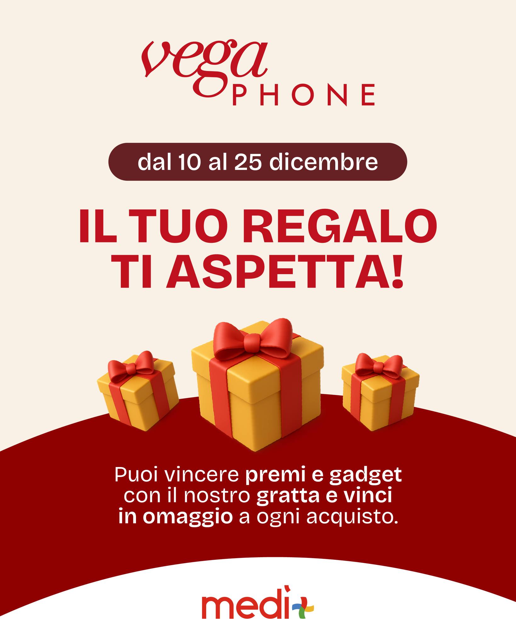 Natale arriva prima da Vega Phone!🎄
Dal 10 al 25 dicembre, con ogni acquisto riceverai il nostro gratta e vinci speciale: potrai vincere tanti magici premi e gadget!✨
Ti aspettiamo!❤️
#centrocommercialemedì #vegaphone #natale