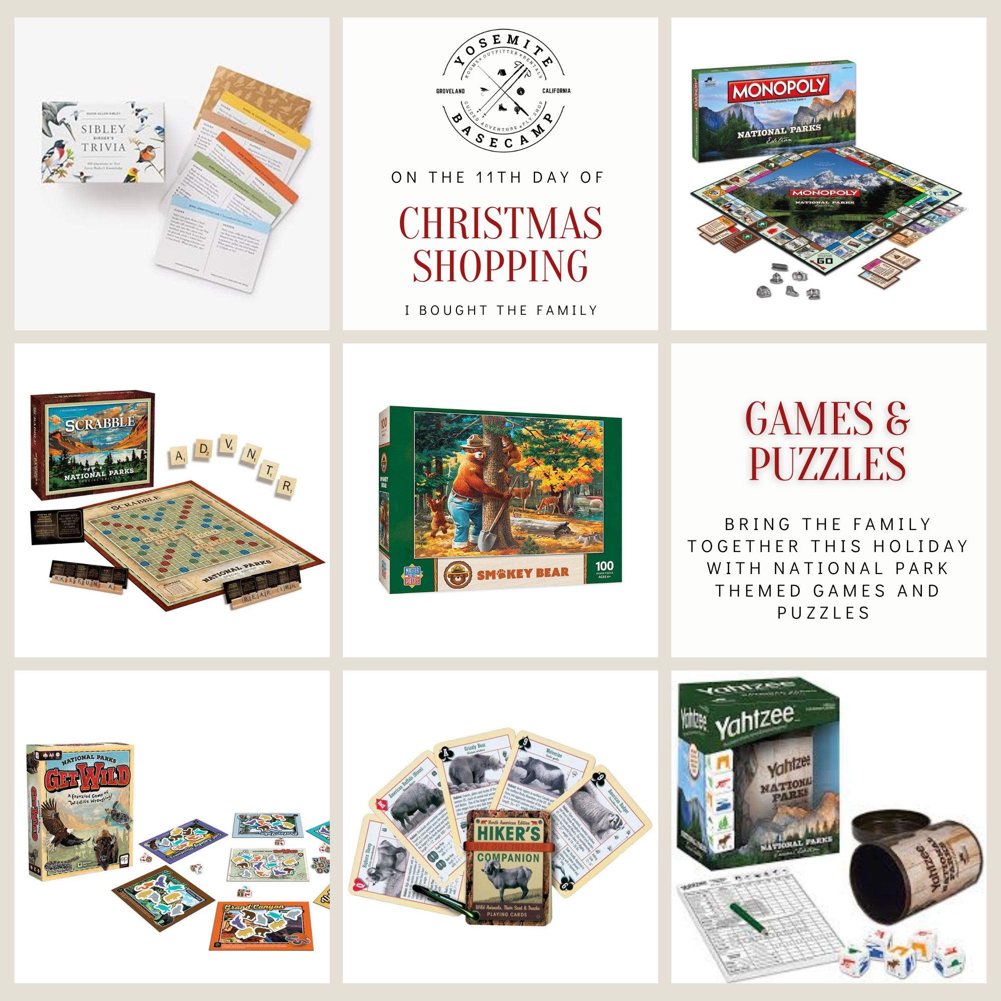 🔔 On the 11th day of Christmas Shopping I bought national park puzzles and games for the whole family, so we don't accidentally start talking about politics after Christmas dinner! YAHTZEE!!!
#morethanaflyshop #shoplocal #YosemiteBasecamp #Yosemite #VisitGrovelandCA