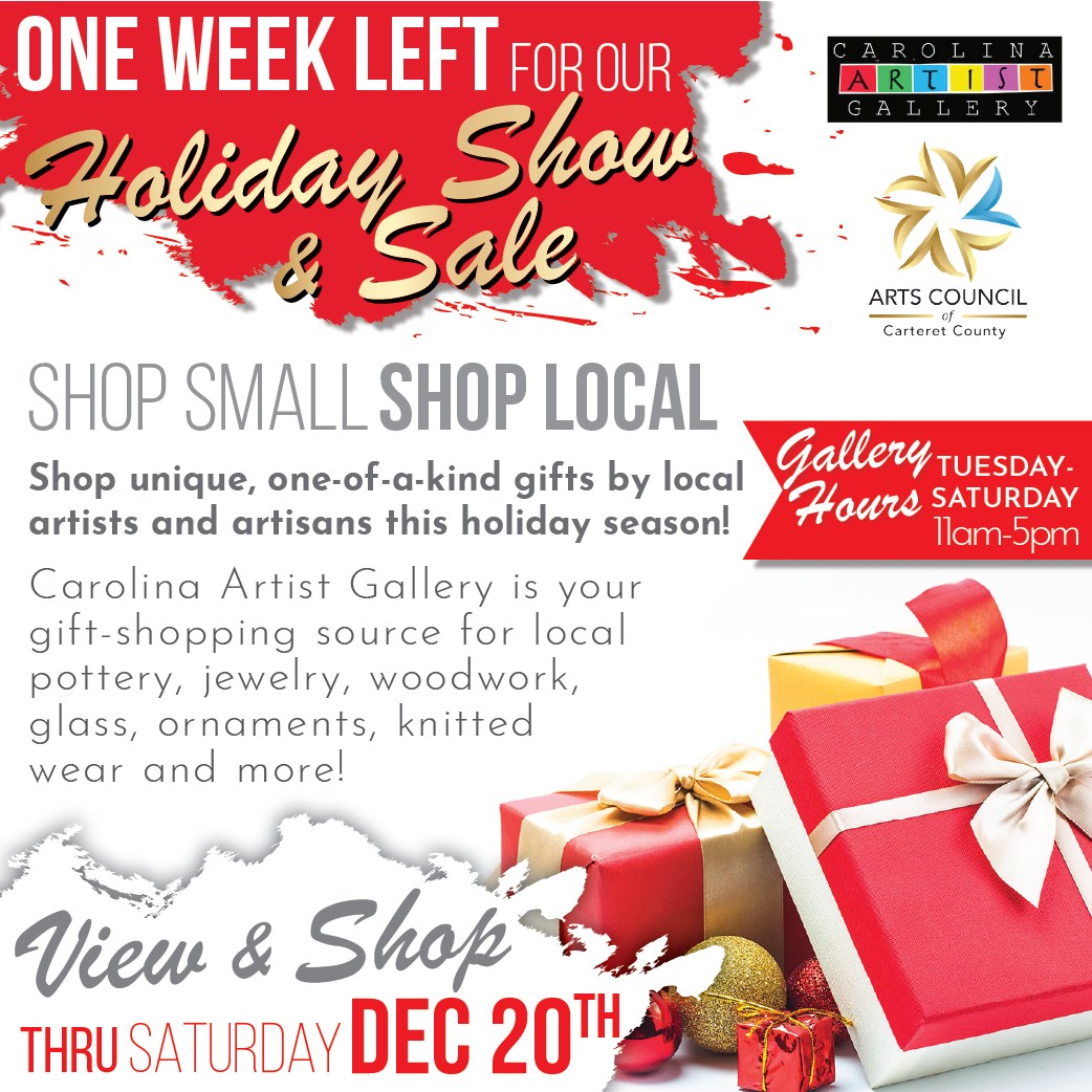ONE DAY left to shop! 🎅🛍 Our annual Holiday Bazaar Show & Sale, hosted by Carolina Artist Gallery, closes TOMORROW, Saturday, December 20! Come shop unique, handmade gifts for anyone on your list, all while supporting local artists, crafters and artisans.
*What: Shopping/showcase event featuring local artists and artisans
*When: Through Saturday, December 20th
*Where: ACCC Arts Center, 1702 Arendell Street, Morehead City
#carolinaartistgallery #holidaybazaar #uniquegifts #localhandmadegifts #localartist #localartisan