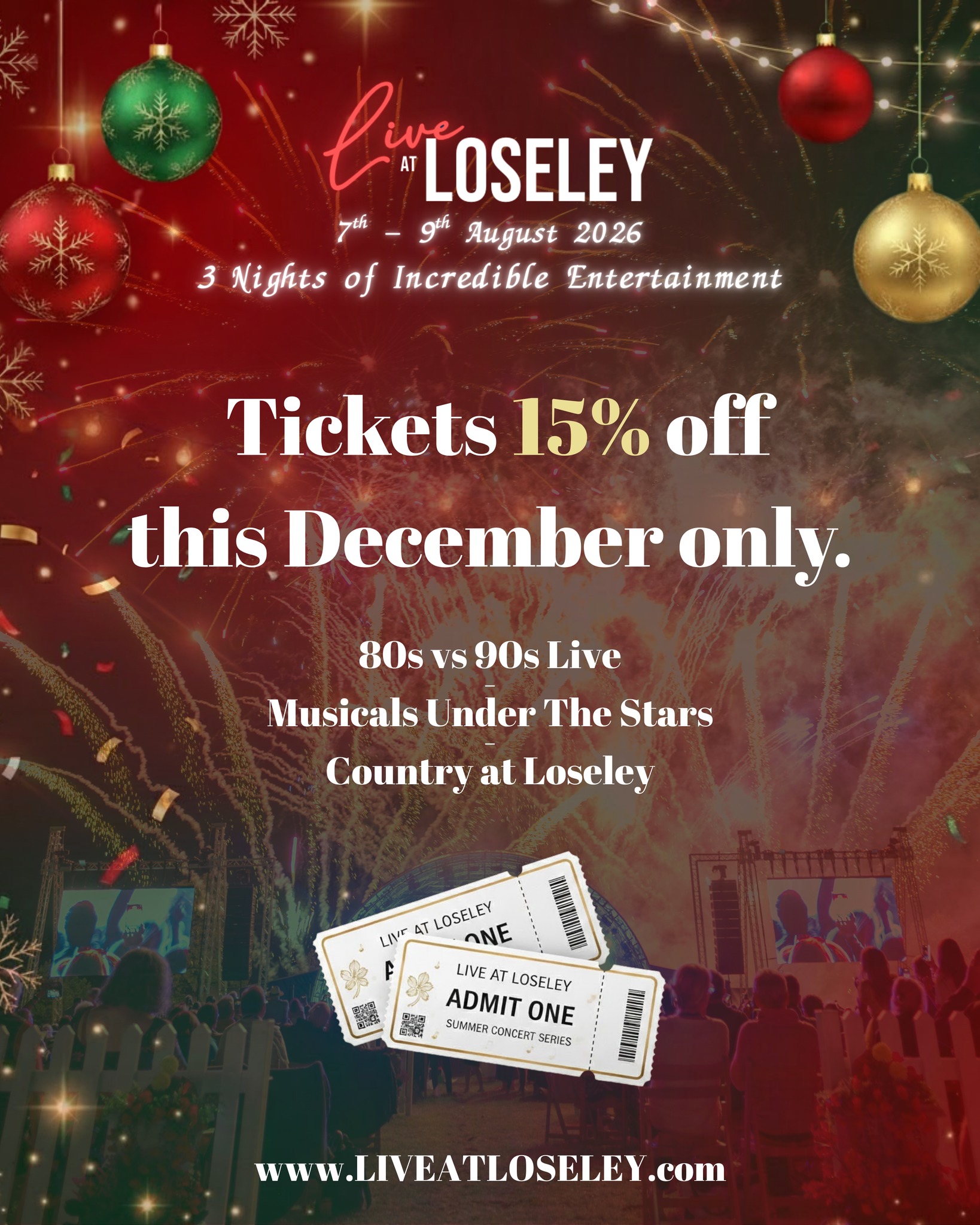 ✨Live music and summer fun … the perfect Christmas present! Tickets 15% off this December only! #SurreyEvents #ChristmasGiftIdeas #LiveAtLoseley2026