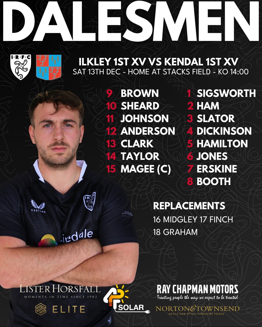 Your Dalesmen for tomorrow!
Our 1st XV host Kendal with kick off at 14:00. Unfortunately the 2nd XV match against Hull Ionians has been called off.
If you can't make it to Stacks Field, tune in to 1st XV live commentary on @drystone_radio online at drystoneradio.com
Saturday 13th December
Ilkley 1st XV vs Kendal 1st XV - Home at Ilkley - League - KO 14:00
#uptheilk #irfc #ilkley #100percentilk #COYD #rugby #ilkleyrugbyclub
