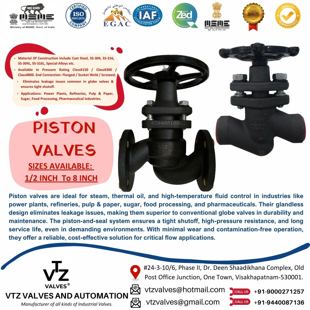 VTZ Piston Valves are built for demanding steam, thermal oil, and high-temperature applications—offering tight shutoff, zero gland leakage, and long service life.
Their glandless piston-and-seal design makes them far superior to conventional globe valves in reliability and maintenance.
Trusted across power plants, refineries, pulp & paper, sugar, pharma & food processing industries.
📩 For enquiries, DM us or contact: +91-9000271257 / +91-9440087136
#VTZValves #PistonValve #IndustrialValves #SteamApplications #ProcessIndustry #HighTempService #Refineries #PulpAndPaper #FoodProcessing #PharmaIndustry #EngineeringIndia #MadeInIndia