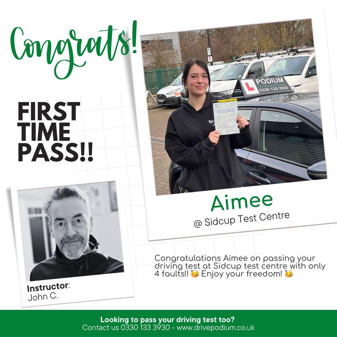 Congratulations to Aimee who passed her test yesterday at Sidcup on her first attempt with just 4 df’s.
Aimee has been with learning with me since the beginning of the year. In that time I have seen her blossom into a safe, confident, thoughtful, considerate driver. Having no previous experience, it took a while for Aimee to find her feet and for her self belief to grow. Throughout the learning process Aimee has been conscientious and always keen to improve her skill set.
I’ve enjoyed our lessons together and had the pleasure of sitting in on Aimee’s test. Sitting in the back of the car, I felt relaxed and safe and that’s testimony to Aimee’s driving ability.
Well done Aimee from myself and the Podium team. Wishing you safe journeys and happy memories to come from your new life skill. Take care and I’ll see you up the road 😊🚗 #sidcup #bexleyheathmums #Sidcup #bromleybusiness #dartfordmums #LearnToDrive #PodiumDrivingSchool #crayfordmums #DrivingInstructor #eltham #mottinghammums #mottingham