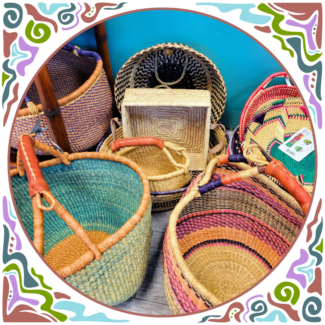 Bolga market #baskets! With #leather bound handles & sturdy elephant grass #weaving, these baskets from #Ghana will last through market shopping, mushroom hunting, & reshaping to your heart's desire! We also carry a plethora of other baskets. #fairtrade #handmade #shoplocal #giftideas