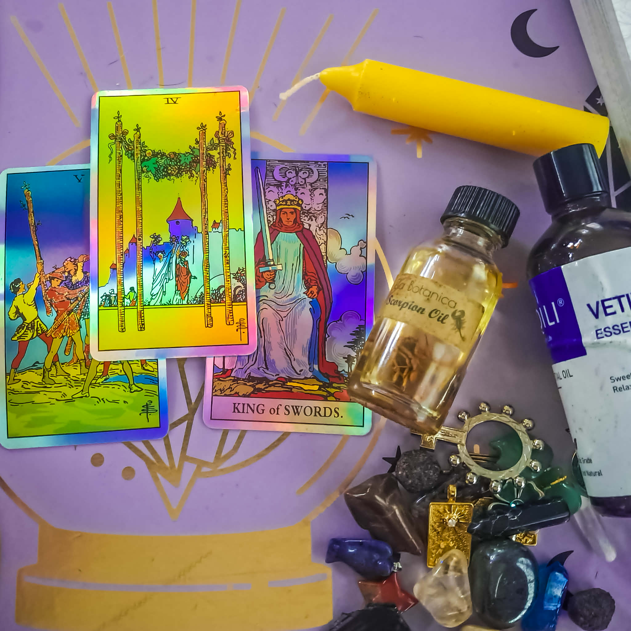 As the Moon moves from Libra into Scorpio today, the energy shifts quietly but unmistakably. What was once about balance and diplomacy begins to descend into deeper emotional waters — the realm of truth, secrecy, and what has been held beneath the surface.
Scorpio does not force revelation.
It observes. It listens. And when the moment is right, truth finds its way to the light.
You may feel this as early as this morning — a realization, a conversation, a knowing that can’t be ignored. Secrets don’t always arrive dramatically; sometimes they simply refuse to stay hidden any longer.
In this image: scorpion oil and vetiver ground the work. Vetiver anchors the body and steadies the nervous system, while a yellow candle calls in awareness, illumination, and clarity. Charms, crystals, and tarot rest together as witnesses — not to demand truth, but to allow it.
Today’s cards guide us gently:
✨ Four of Wands (Center) — Stay rooted. Safety and stability create the conditions where truth can be received without fear.
🔥 Five of Wands (Lean Into) — Allow healthy tension. Differing perspectives can reveal what clarity alone cannot.
⚠️ King of Swords (Avoid) — Resist cutting words or rigid thinking. Truth does not need dominance to be powerful.
Together, this spread reminds us: clarity emerges best when the ground is steady, the heart is open, and the mind remains flexible.
Later today, I’ll be sharing a simple candle technique — working softly with the elements — for inviting clarity or revealing what is ready to be known. Nothing forced. Nothing manipulative. Only what is aligned.
Breathe. Ground. Observe.
Scorpio is listening.
#MoonInScorpio #AstrologyMagic #TarotCommunity #LunarShift #SpiritualPractice #RitualMagic #MysticLife #EnergyAwareness #SacredRitual #ModernWitch #IntuitiveLiving #CollectiveReading #TarotWisdom #OccultStudy