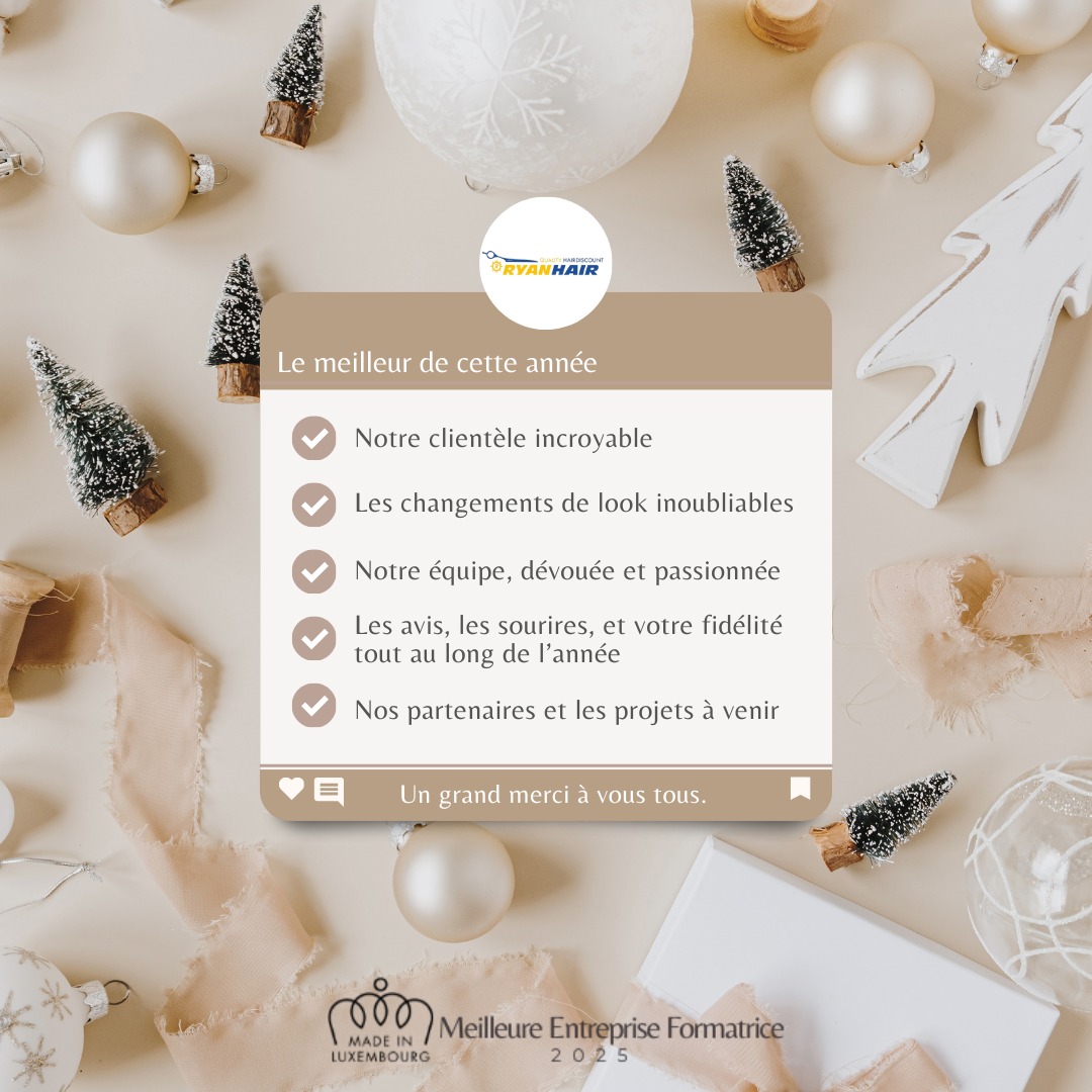✨ Le meilleur de cette année, c’est vous : nos clientes et clients. ✨
Un merci infini pour votre confiance, pour nous avoir choisis pour vous accompagner dans chaque changement de look, chaque célébration et chaque moment spécial. 💫✂️
En 2025, nous restons engagés à vous offrir beauté, soin et une expérience unique à chaque visite.
Merci de nous inspirer, pour votre fidélité et pour nous permettre de faire ce que nous aimons. 🤍
Que cette nouvelle année vous apporte style, joie et de nouveaux débuts !🥂✨