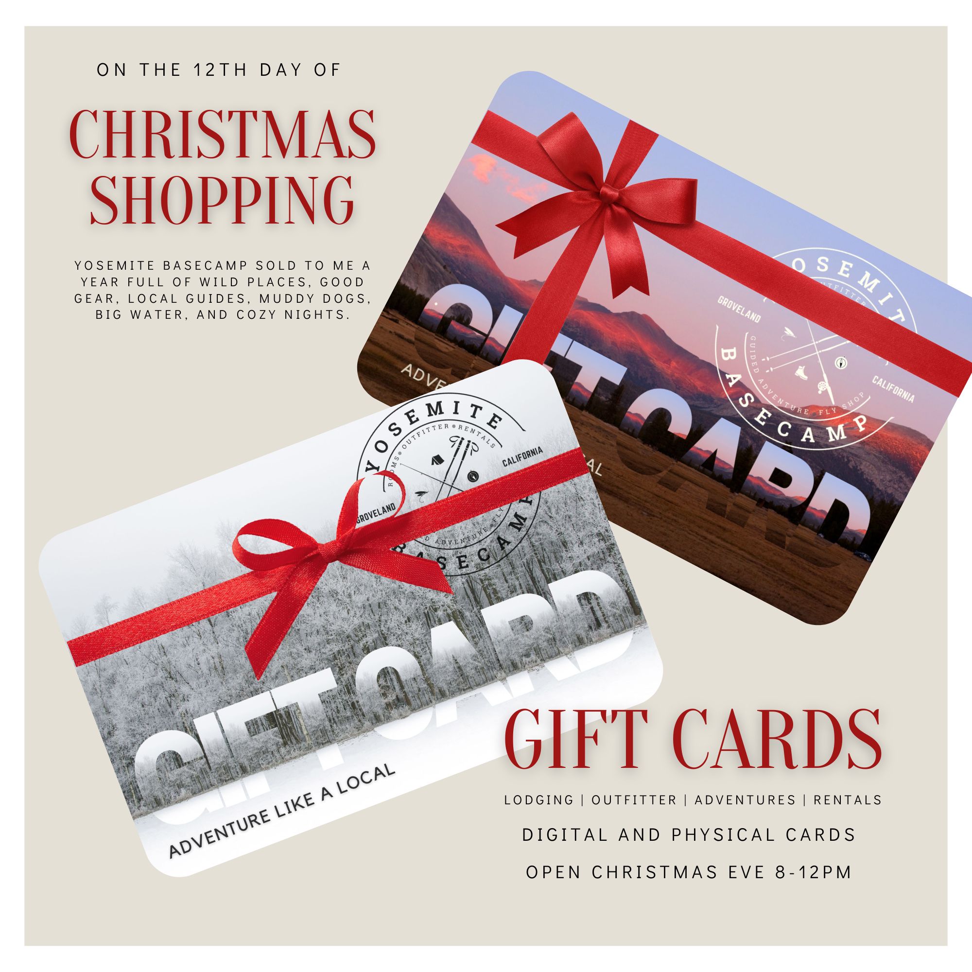 On the 12th day of Holiday Shopping
I purchased locally
Twelve, $20 Gift Cards
Eleven loose games pieces
Ten warm winter layers
Nine family members jeeping
Eight patches for my puffy
Seven rapids splashing
Six Sierra Stuffies
Five happy barks
Four more hours sleeping warmly
Three days of fishing
Two warm feet in Darn Toughs
And a weekend getaway near Yosemite! 🎄
Feeling saucy!? Post yourself singing our #shoplocal version of 12 Days of Christmas and you could win 1 of 12, $20 dollar gift cards good at Yosemite Basecamp Lodging and Outfitter, Echo Adventure Cooperative, Miller's Off Road Adventures, Yosemite Trails and Tales, Groveland Trail Heads and Sierra Mac River Trips!
Merry Christmas and Happy Holidays to all from your friends at the Yosemite Basecamp!
#morethanaflyshop #VisitTuolumneCounty #shopsmall #ShopSustainable #shoplocal #YosemiteBasecamp #yosemitebasecampoutfitter #Yosemite #VisitGrovelandCA