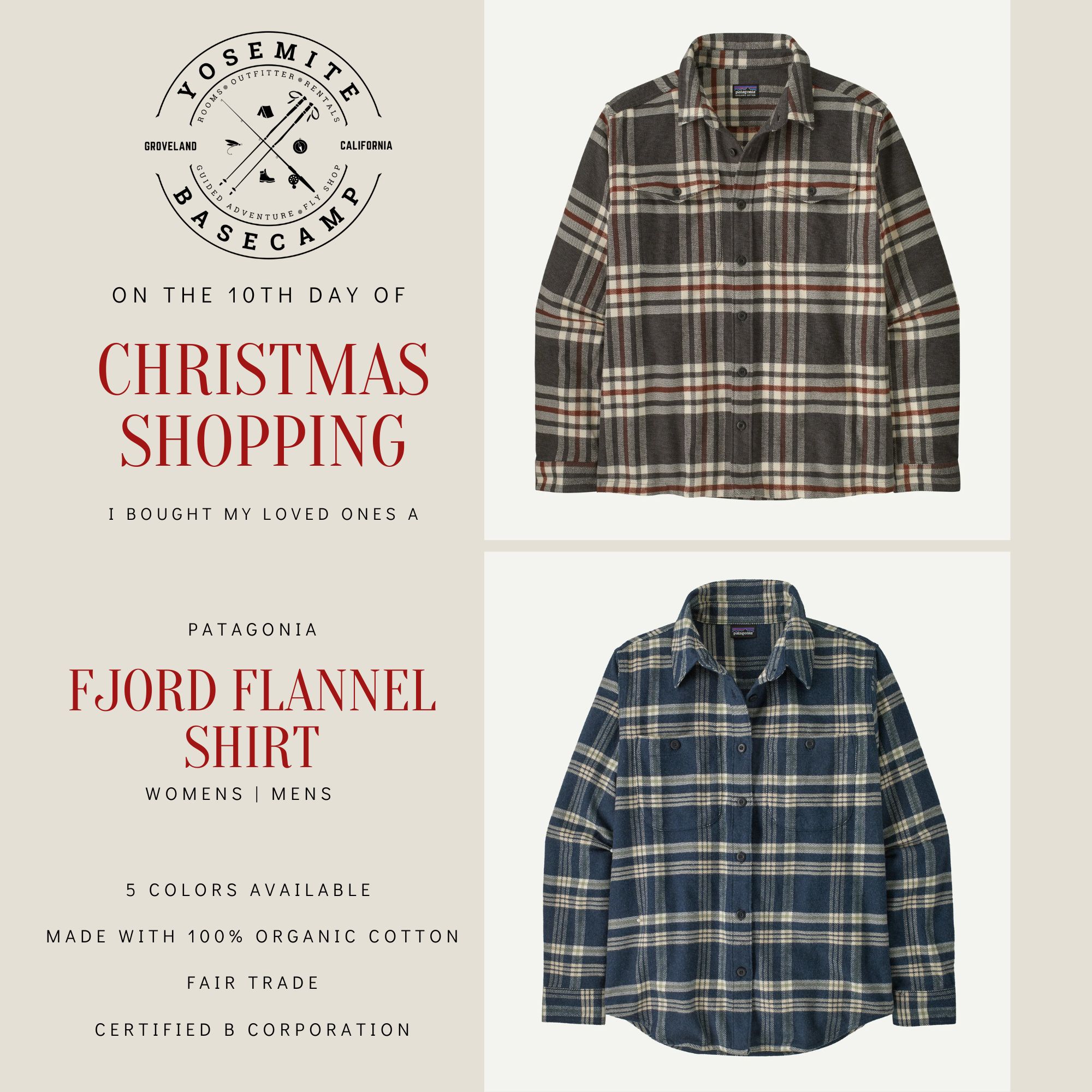 ⛄ DAY 10 of Holiday Shopping lands on the most obvious choice, the @patagonia Fjord Flannel Shirt!
Trail tested, and town approved just in time for sweater weather! Get yours and your loved ones at the Yosemite Basecamp Outfitter in downtown Groveland!
👉 Tucked or untucked!? Share your flannel fashion trends below!
#morethanaflyshop #VisitTuolumneCounty #ShopSustainable #shoplocal #yosemitebasecampoutfitter #patagonia #Yosemite