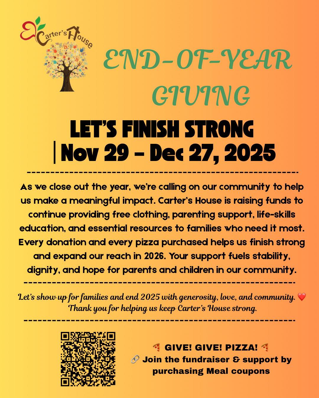The season of giving is here, and every act of generosity matters ❤️ Have you supported Carter’s House yet? Your donation helps us continue giving back, strengthening our community, and creating hope for families who need it most. Every gift—big or small—makes a lasting impact.
#CartersHouse #EndOfYearGiving #GiveBack #CommunitySupport #ShapeHope #SupportFamilies #NonprofitLove #DoGoodFeelGood #MakeADifference #HolidayGivinG